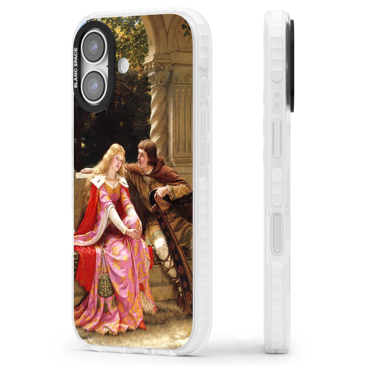 The End of the Song classic art iPhone case featuring a medieval lady in pink gown and her knight in a stone archway | Black Impact case for iPhone 17