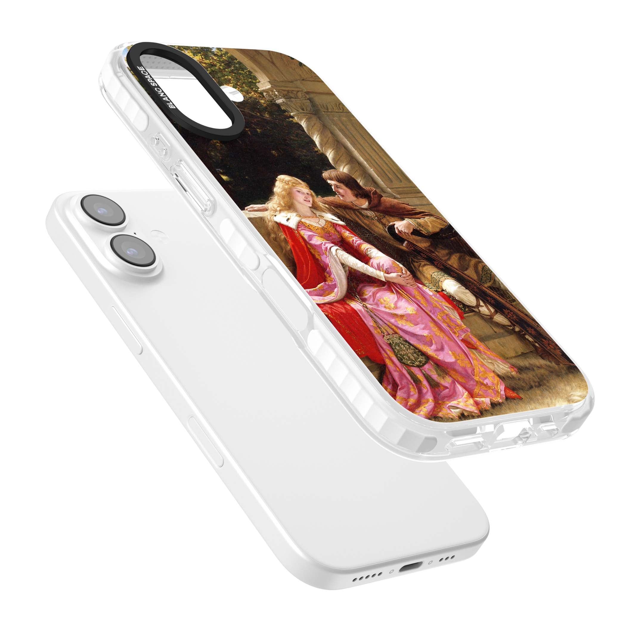 The End of the Song classic art iPhone case featuring a medieval lady in pink gown and her knight in a stone archway | Black Impact case for iPhone 17