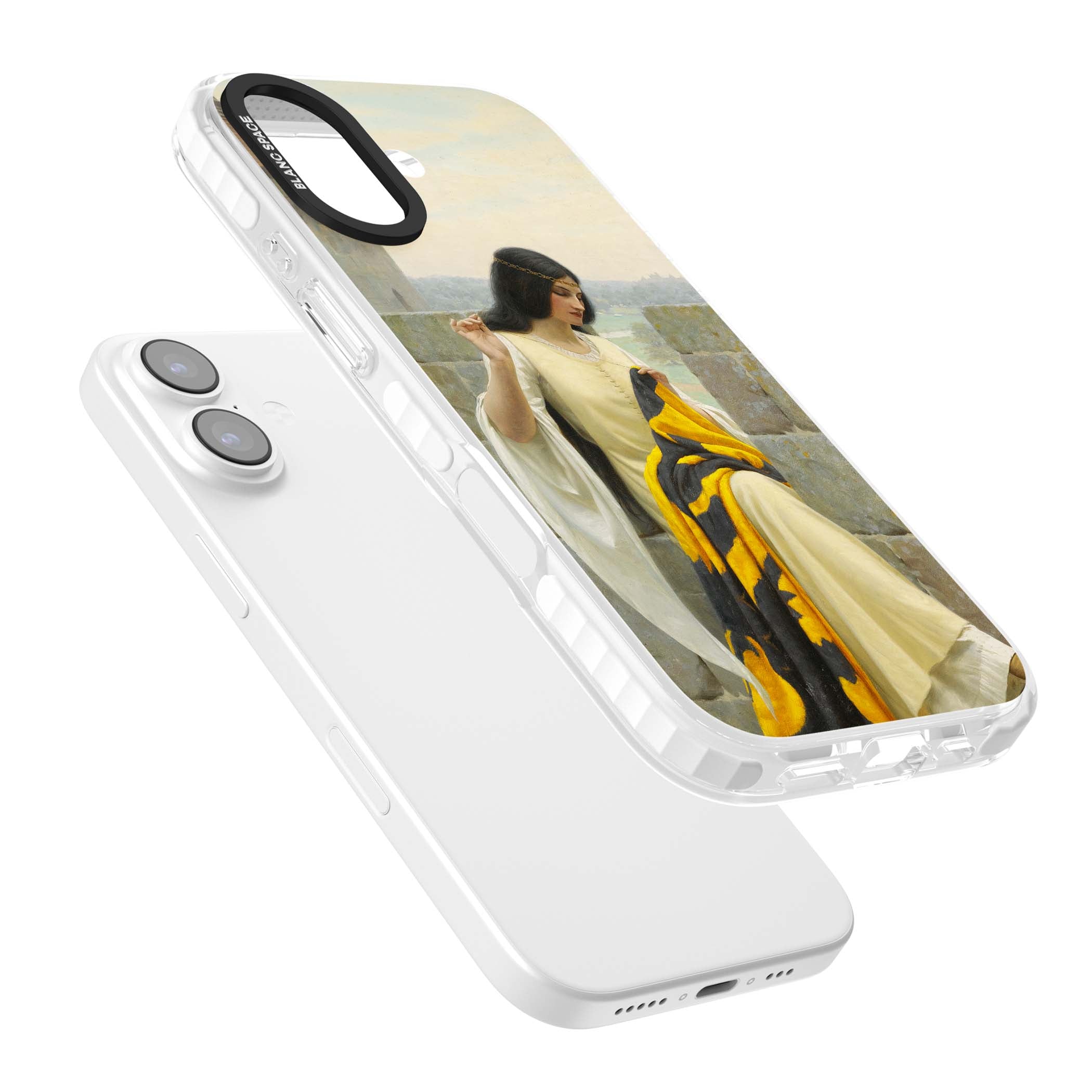 Stitching the Standard renaissance art iPhone case featuring a medieval lady sewing a golden banner on a castle wall | Black Impact case for iPhone 17