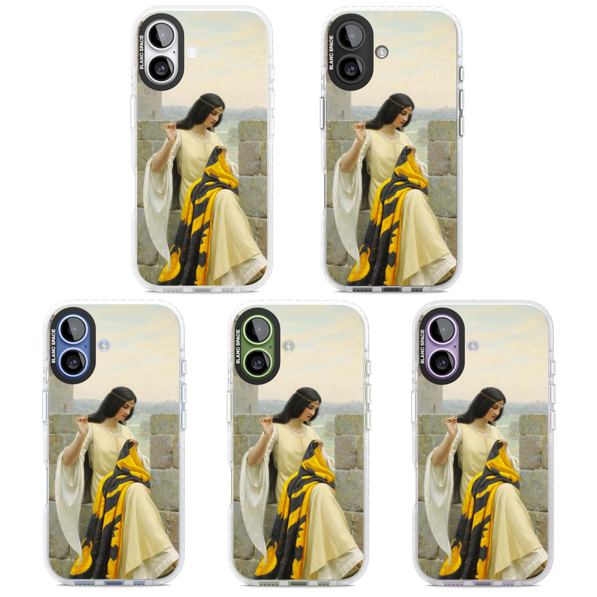 Stitching the Standard renaissance art iPhone case featuring a medieval lady sewing a golden banner on a castle wall | Black Impact case for iPhone 17