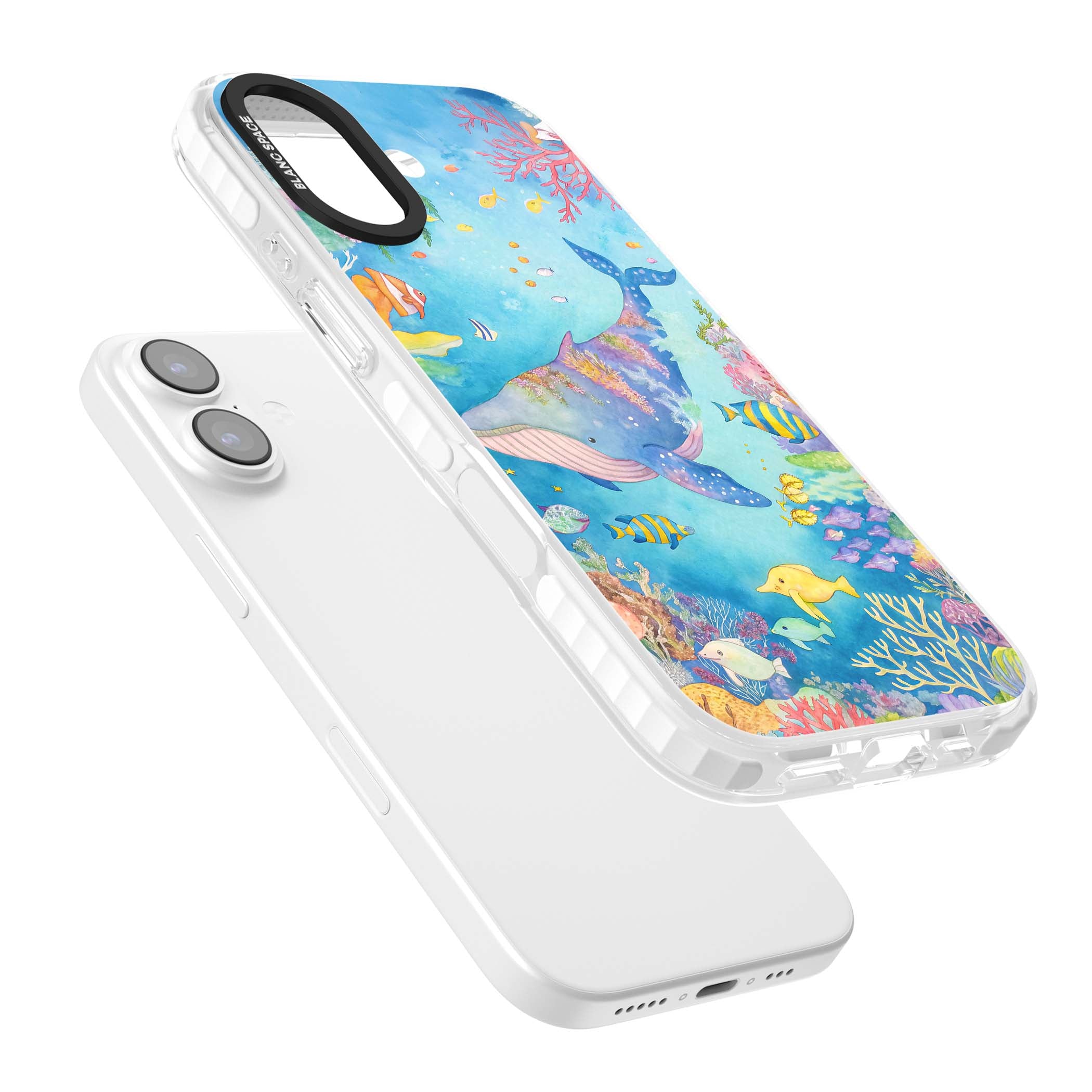Coral Lagoon ocean iPhone case featuring a watercolour whale, coral reef and tropical fish | Black Impact case for iPhone 17