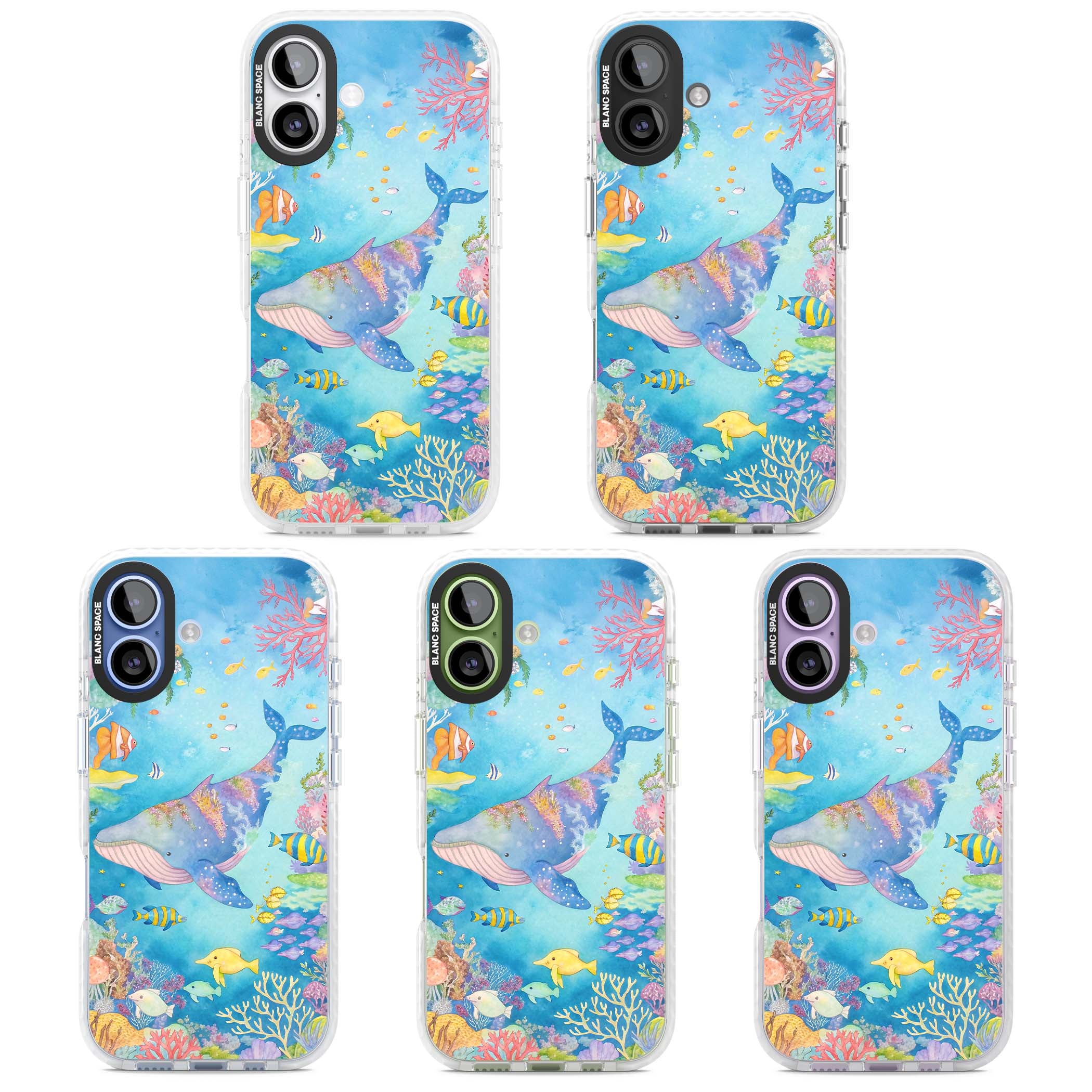 Coral Lagoon ocean iPhone case featuring a watercolour whale, coral reef and tropical fish | Black Impact case for iPhone 17