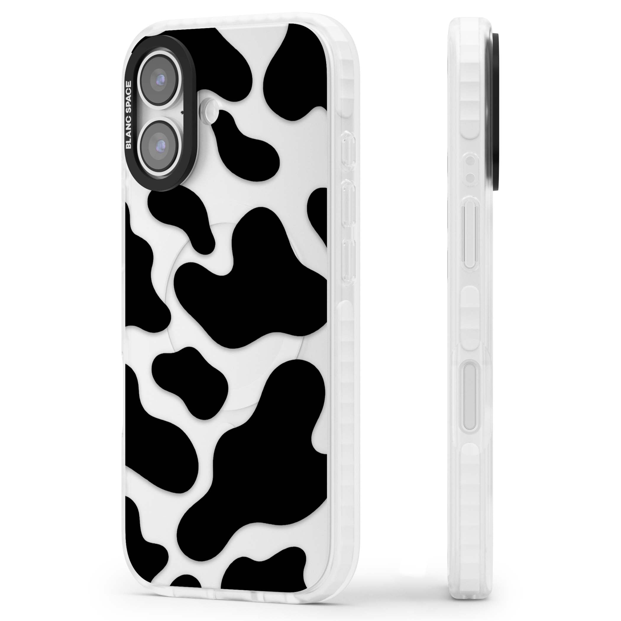 Clear Cow Print cow print iPhone case featuring black and white cow pattern splotches on a clear background | Black Impact case for iPhone 17