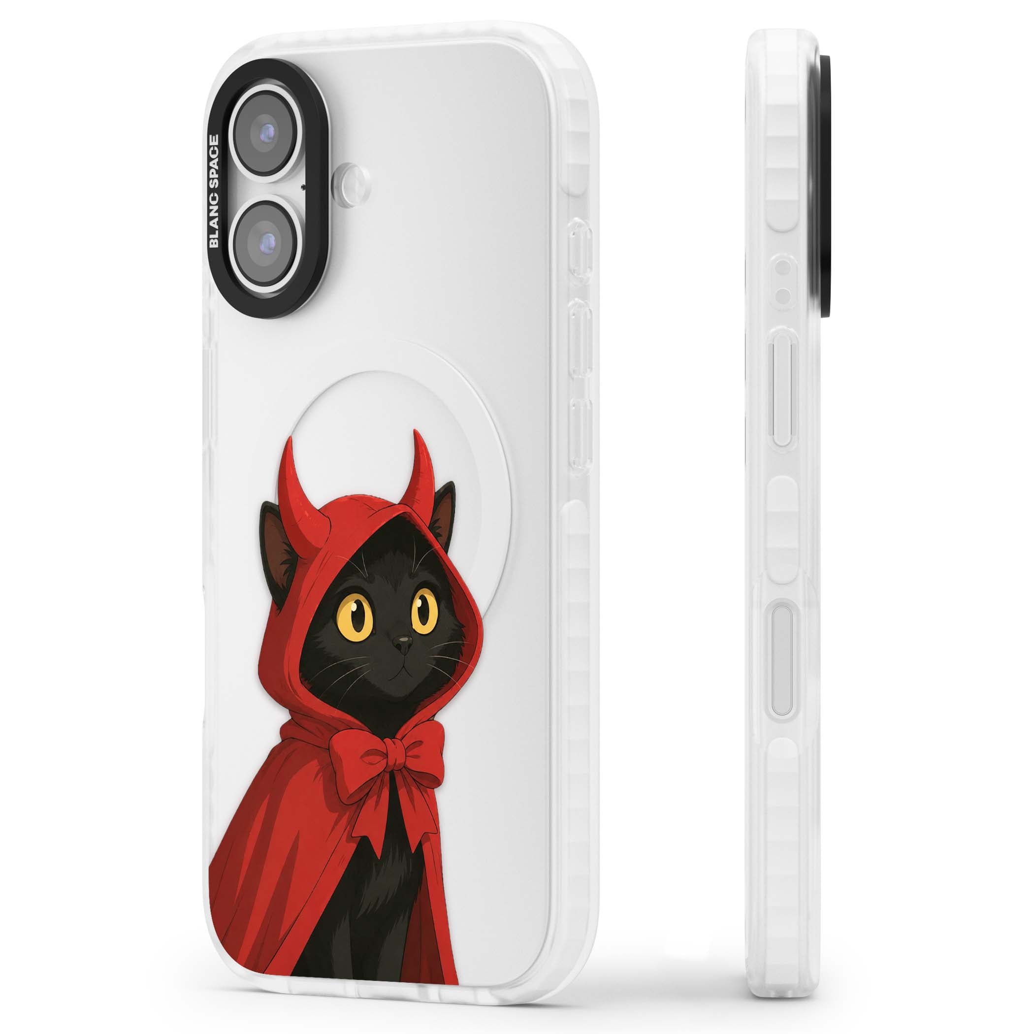 Little Devil halloween iPhone case featuring a black cat in a red hooded devil cloak with horns and golden eyes | Black Impact case for iPhone 17