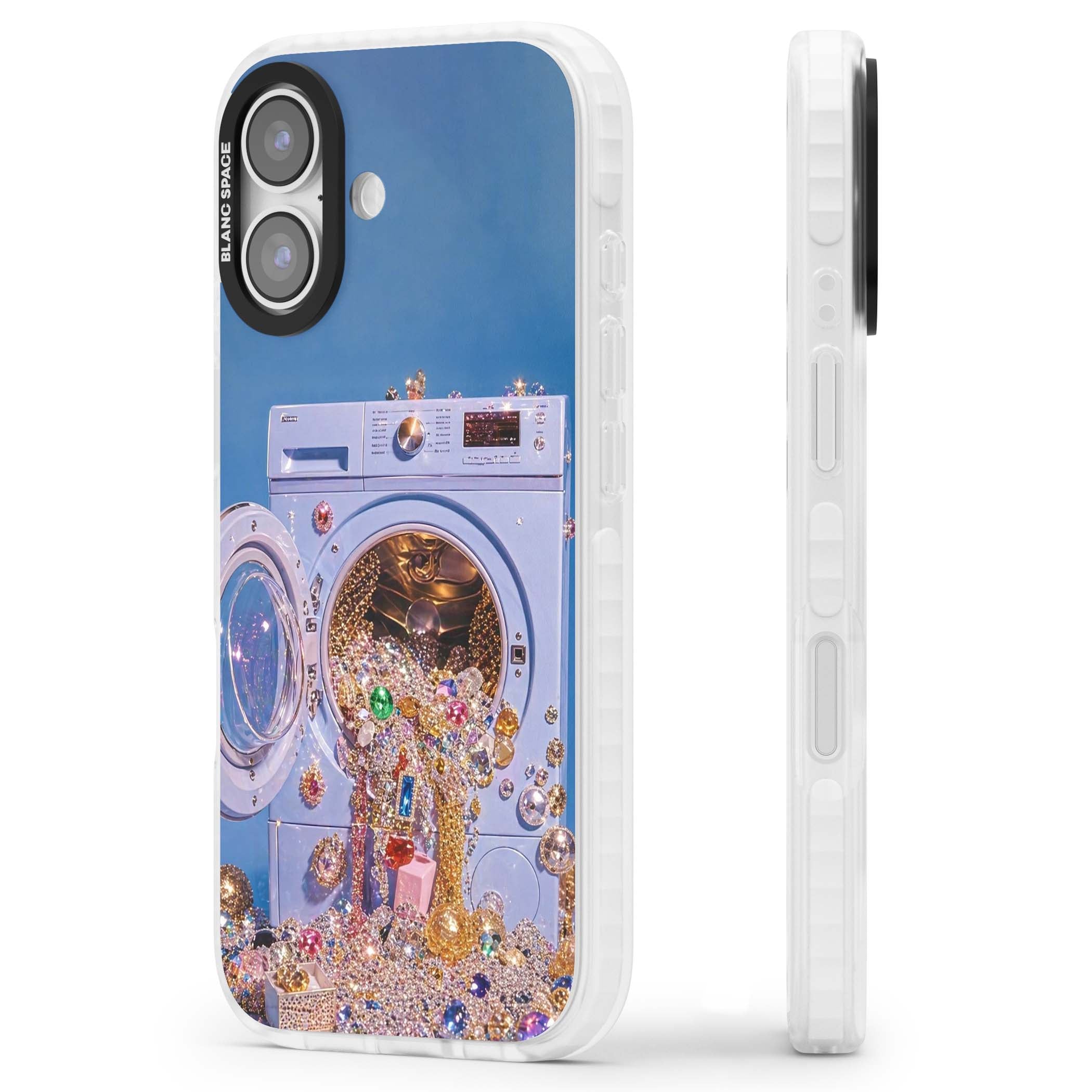 Gem Laundry baddie iPhone case featuring a surreal washing machine overflowing with colourful gemstones and crystals | Black Impact case for iPhone 17