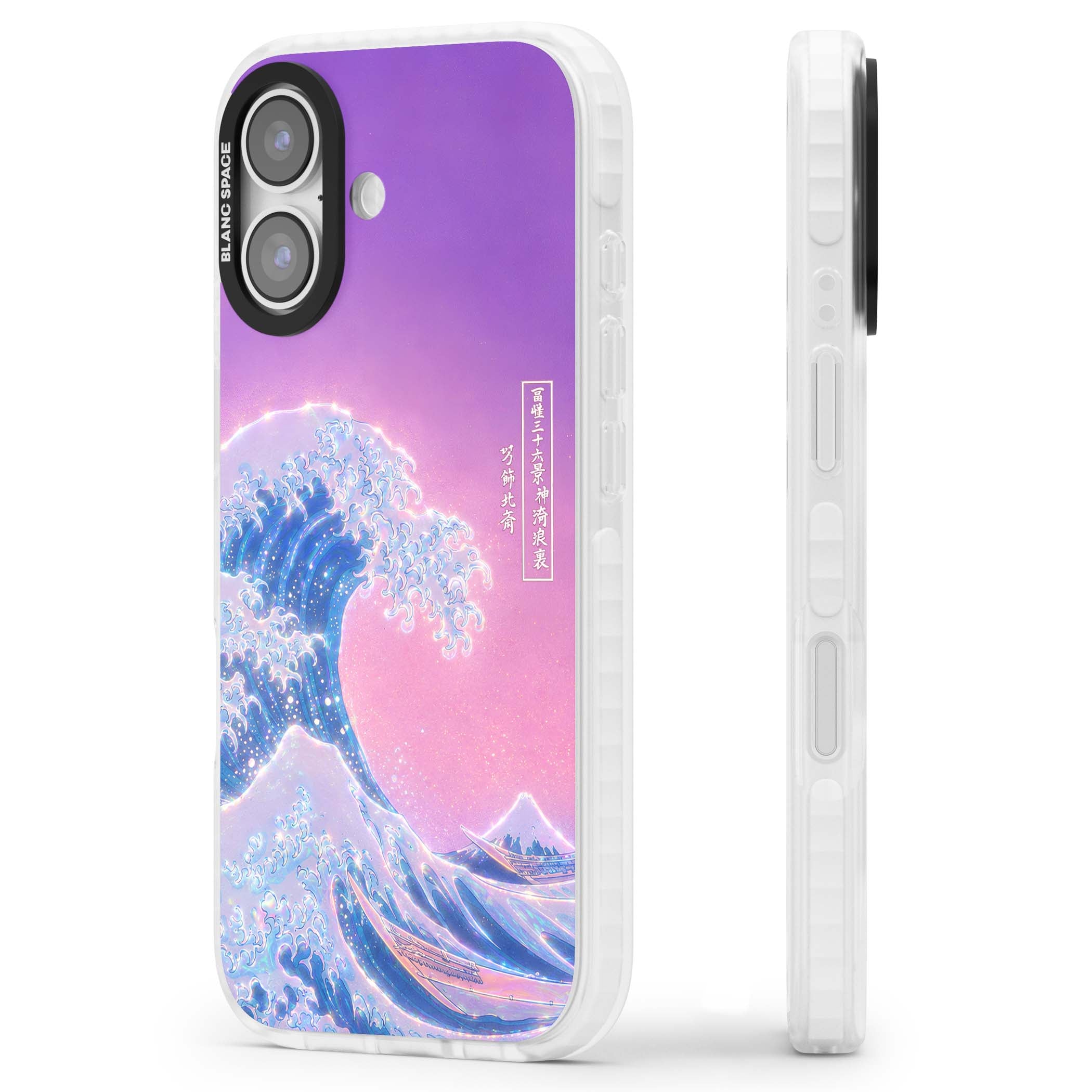 The Great Opal Wave Japanese iPhone case featuring Hokusai's great wave in iridescent pastels with lilac sky and Mou | Black Impact case for iPhone 17