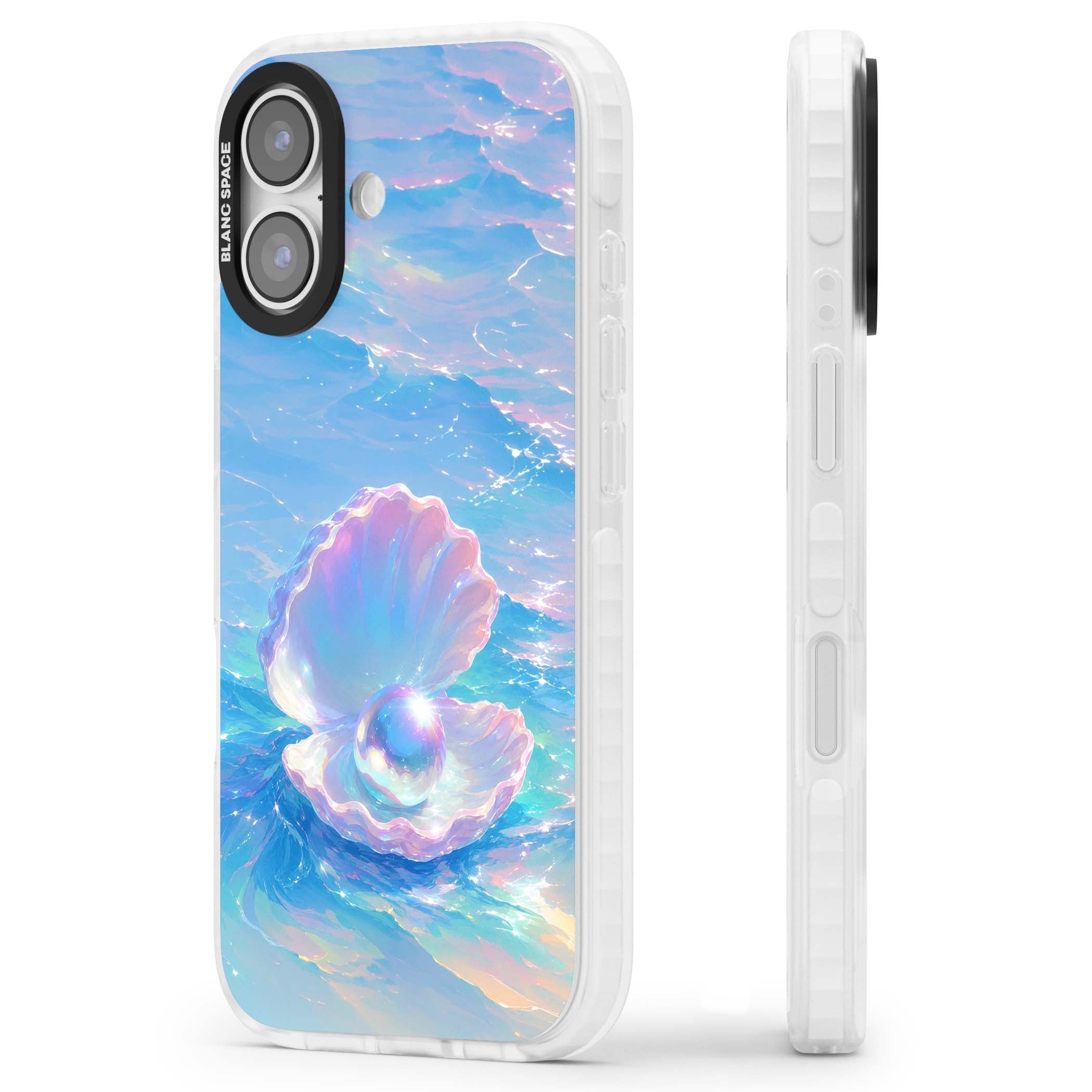 The Pearl Clam mermaidcore iPhone case featuring iridescent seashell, glowing pearl and pastel ocean waves | Black Impact case for iPhone 17