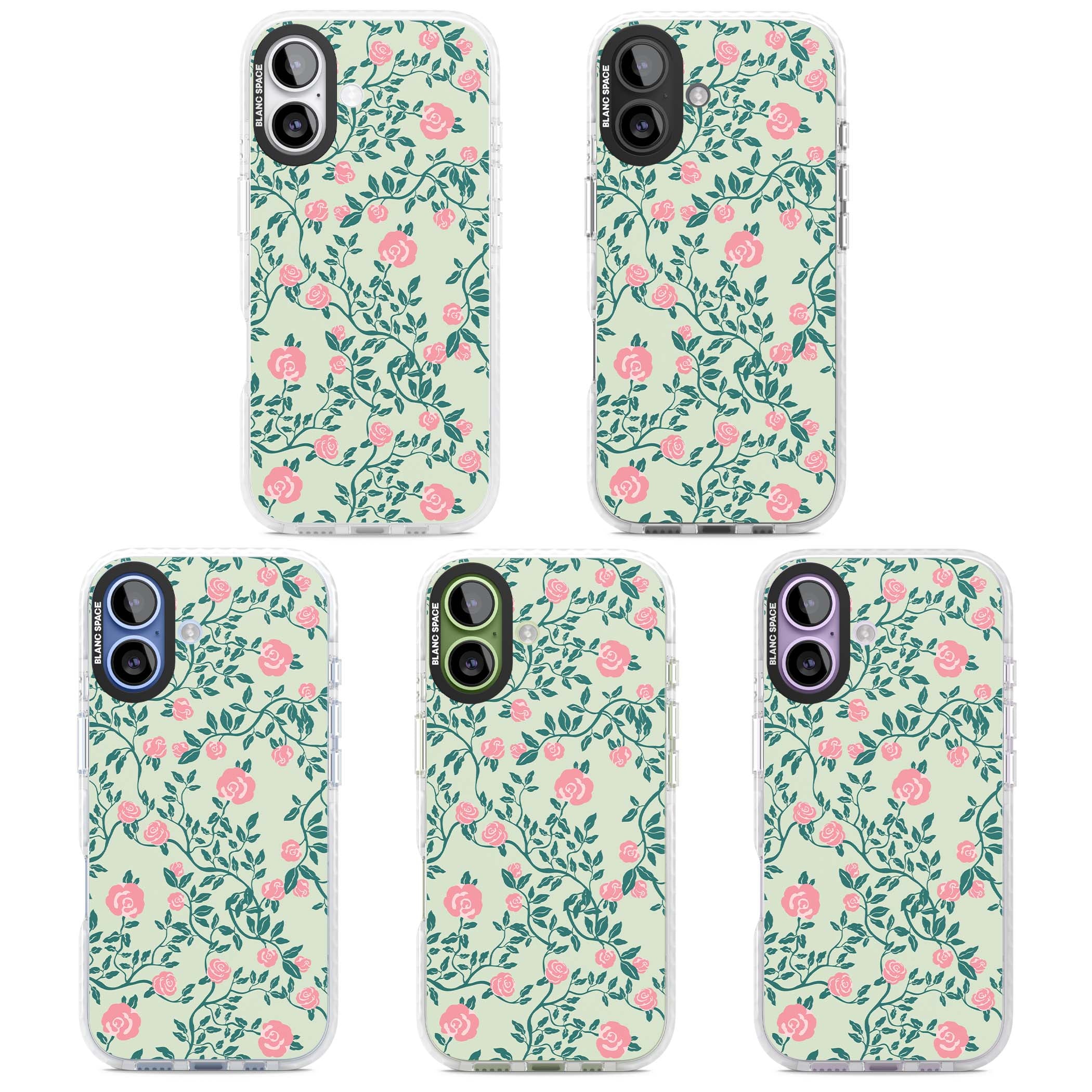 Rose Trellis cottagecore iPhone case featuring pink roses, sage green vines, and mint background | Black Impact case for iPhone 17