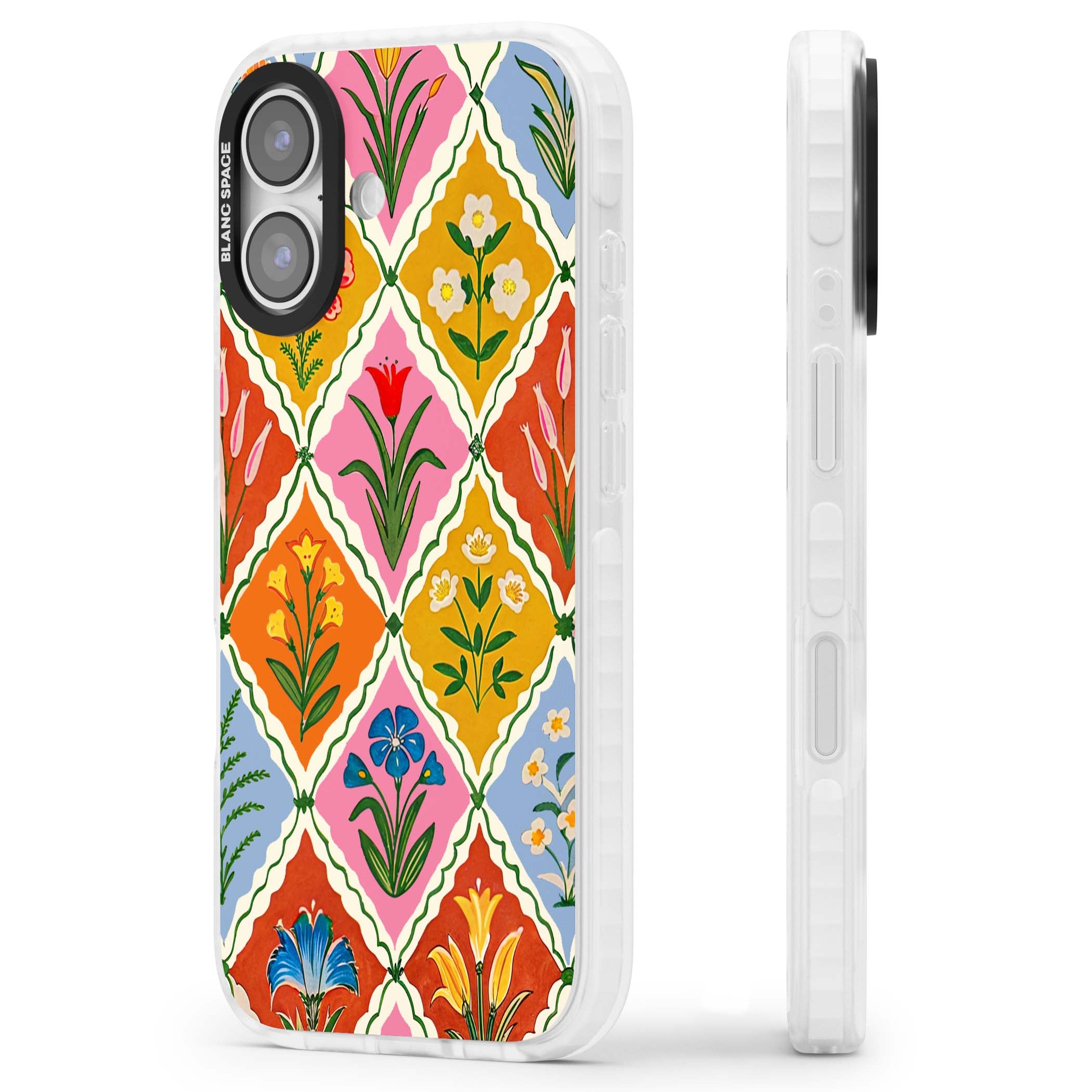 Floral Quilt boho floral iPhone case featuring diamond lattice pattern, hand-painted tulips and folk art wildflowers | Black Impact case for iPhone 17