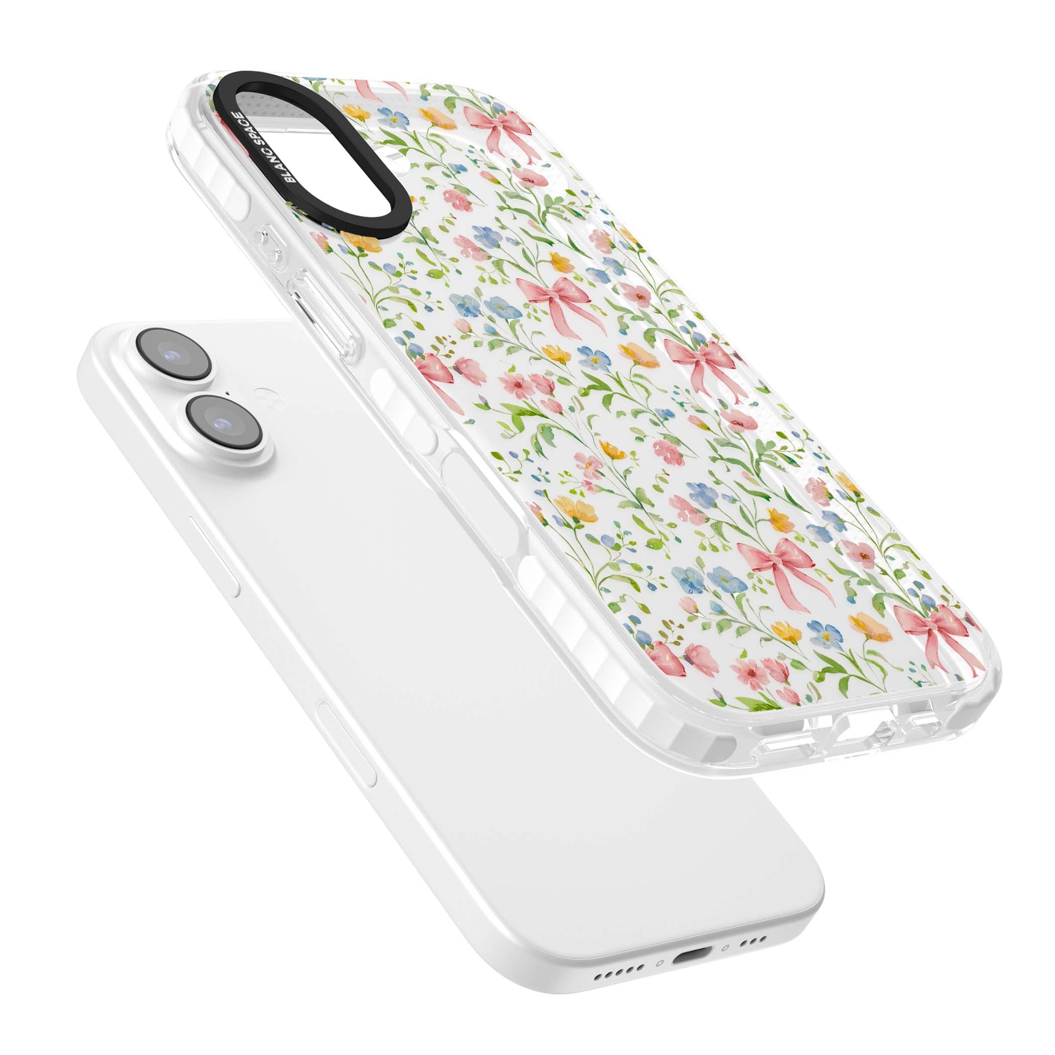 Ribbons & Wildflowers cottagecore iPhone case featuring watercolor wildflowers, pink satin bows, and delicate spring blooms o | Black Impact case for iPhone 17