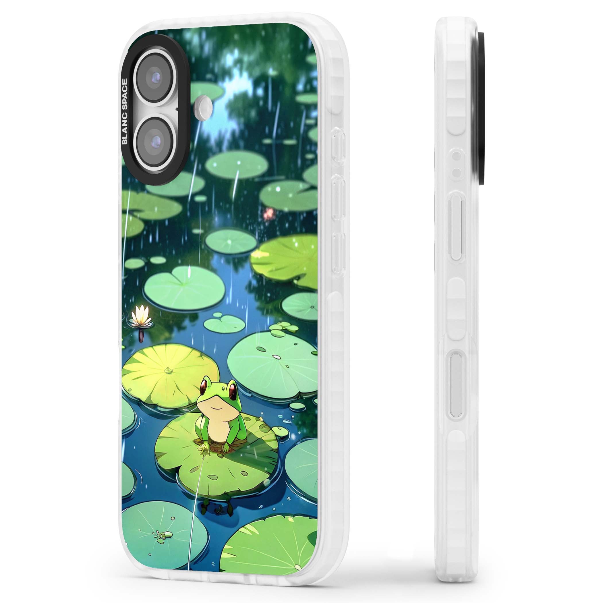 Frog In Lily Pond cottagecore iPhone case featuring a cute green frog on a lily pad with falling rain and a lotus flower | Black Impact case for iPhone 17