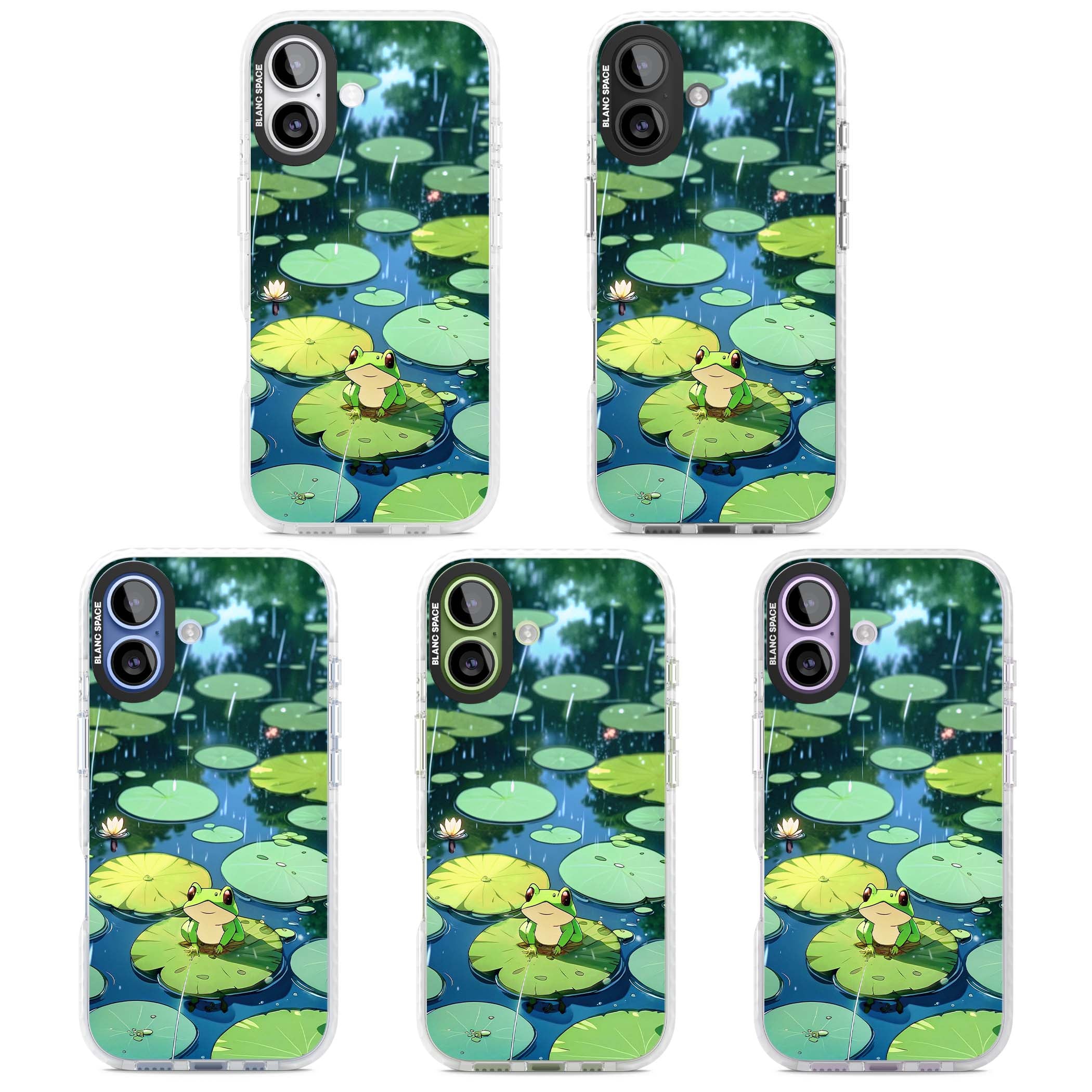 Frog In Lily Pond cottagecore iPhone case featuring a cute green frog on a lily pad with falling rain and a lotus flower | Black Impact case for iPhone 17
