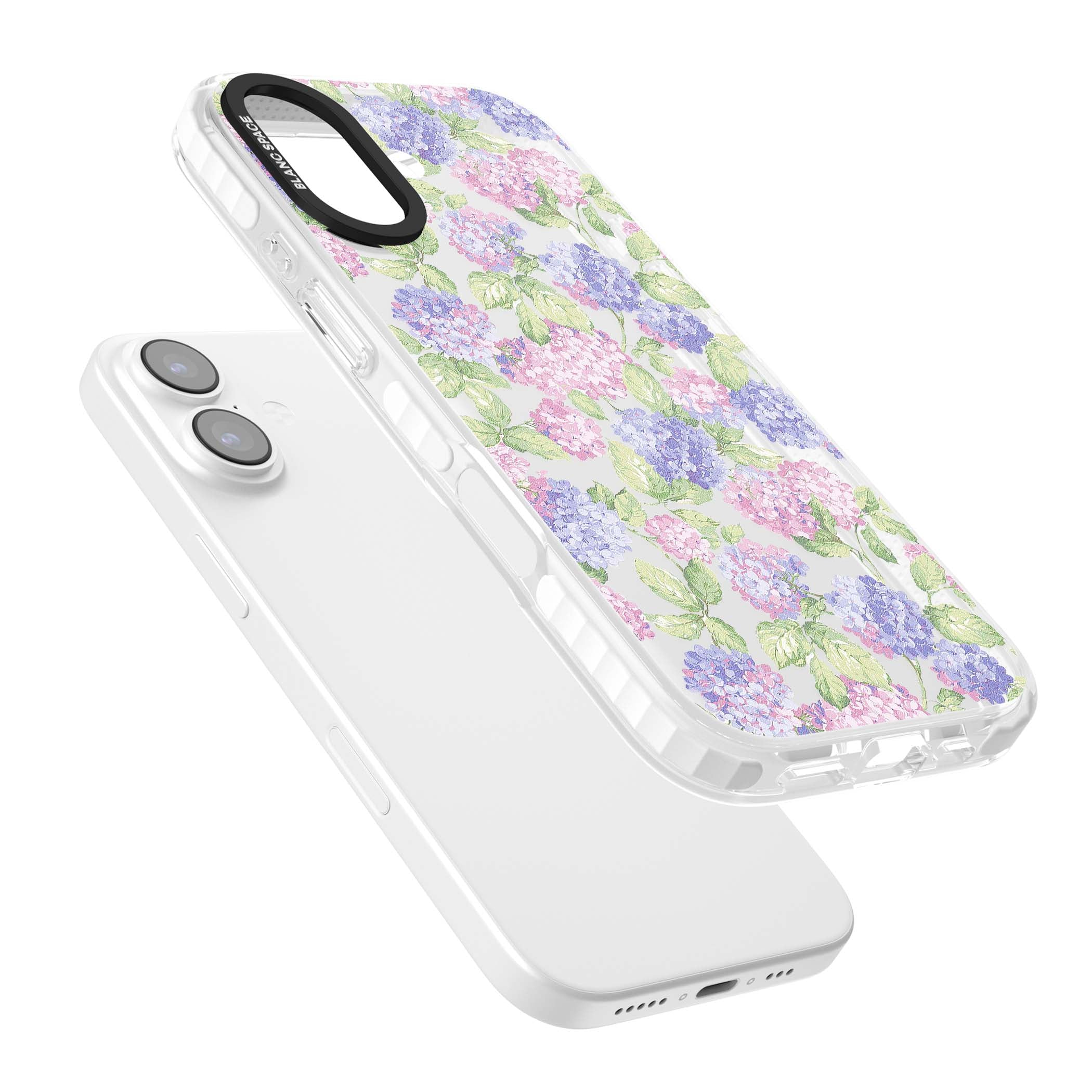 Cottage Hydrangea cottagecore iPhone case featuring pink and purple hydrangea blooms with green leaves on a clear background | Black Impact case for iPhone 17