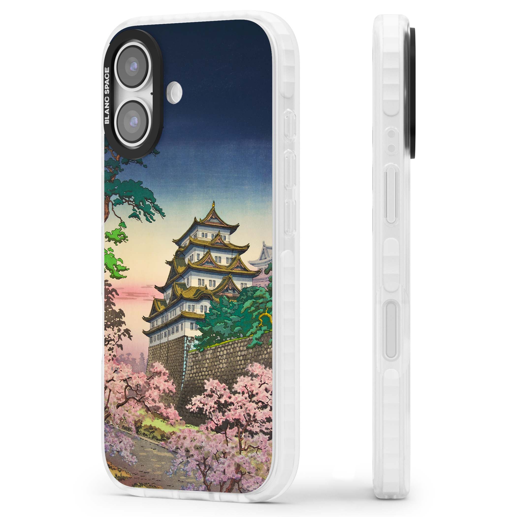 Nagoya Castle Japanese iPhone case featuring a vintage pagoda, twilight sky and cherry blossom trees | Black Impact case for iPhone 17