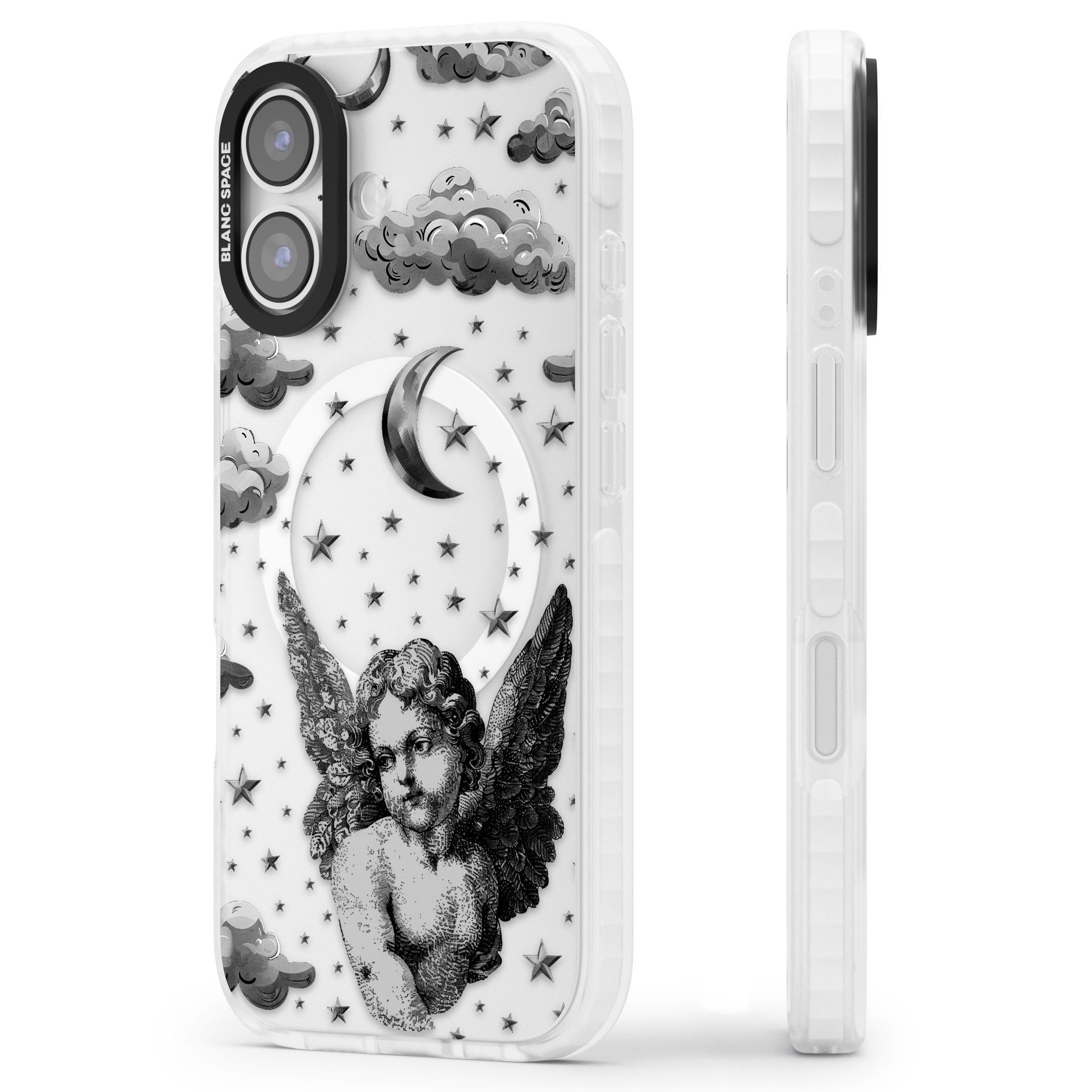 Celestial Cherub iPhone 17 Impact Pro Clear Phone Case Side Profile