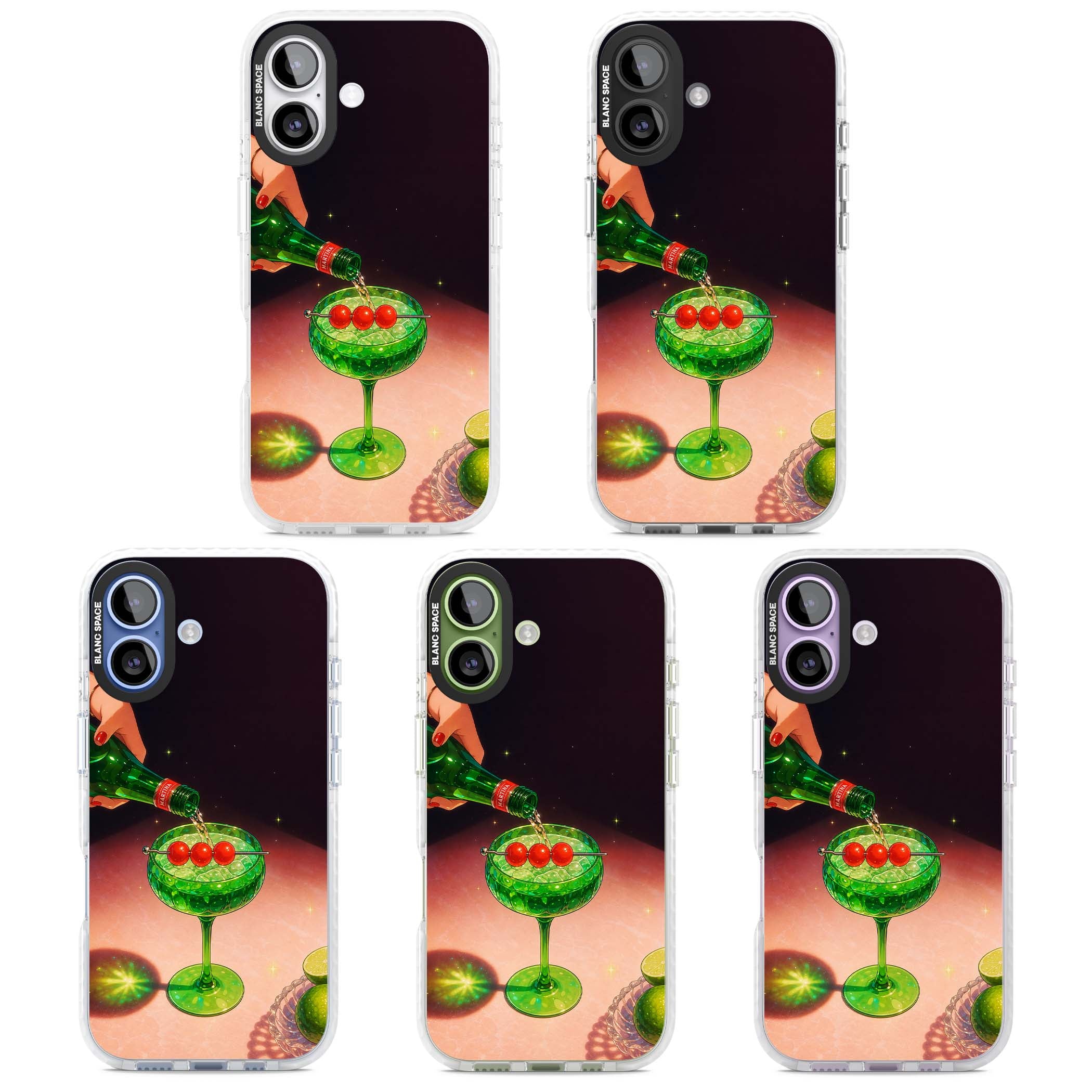 Absinthe Hour cocktail iPhone case featuring a green coupe glass, cherry garnish and vintage bottle pour illustration | Impact Magsafe case for iPhone 17