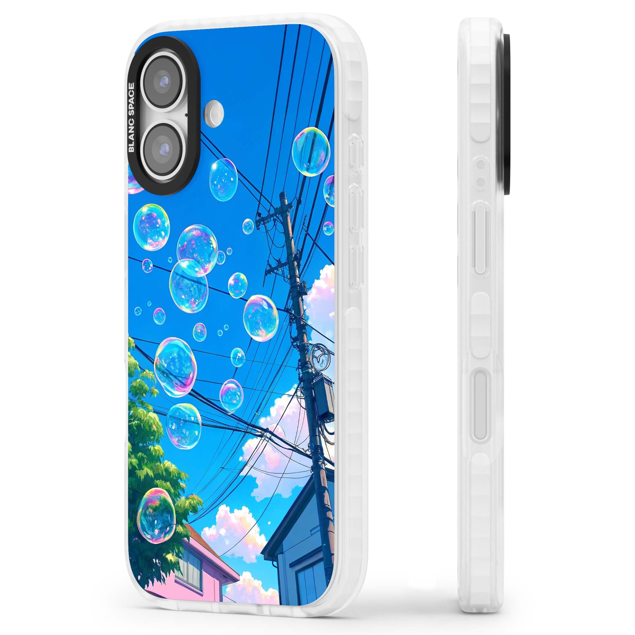 Suburban Bubbles anime iPhone case featuring iridescent soap bubbles, blue sky and Japanese telephone wires | Impact Magsafe case for iPhone 17