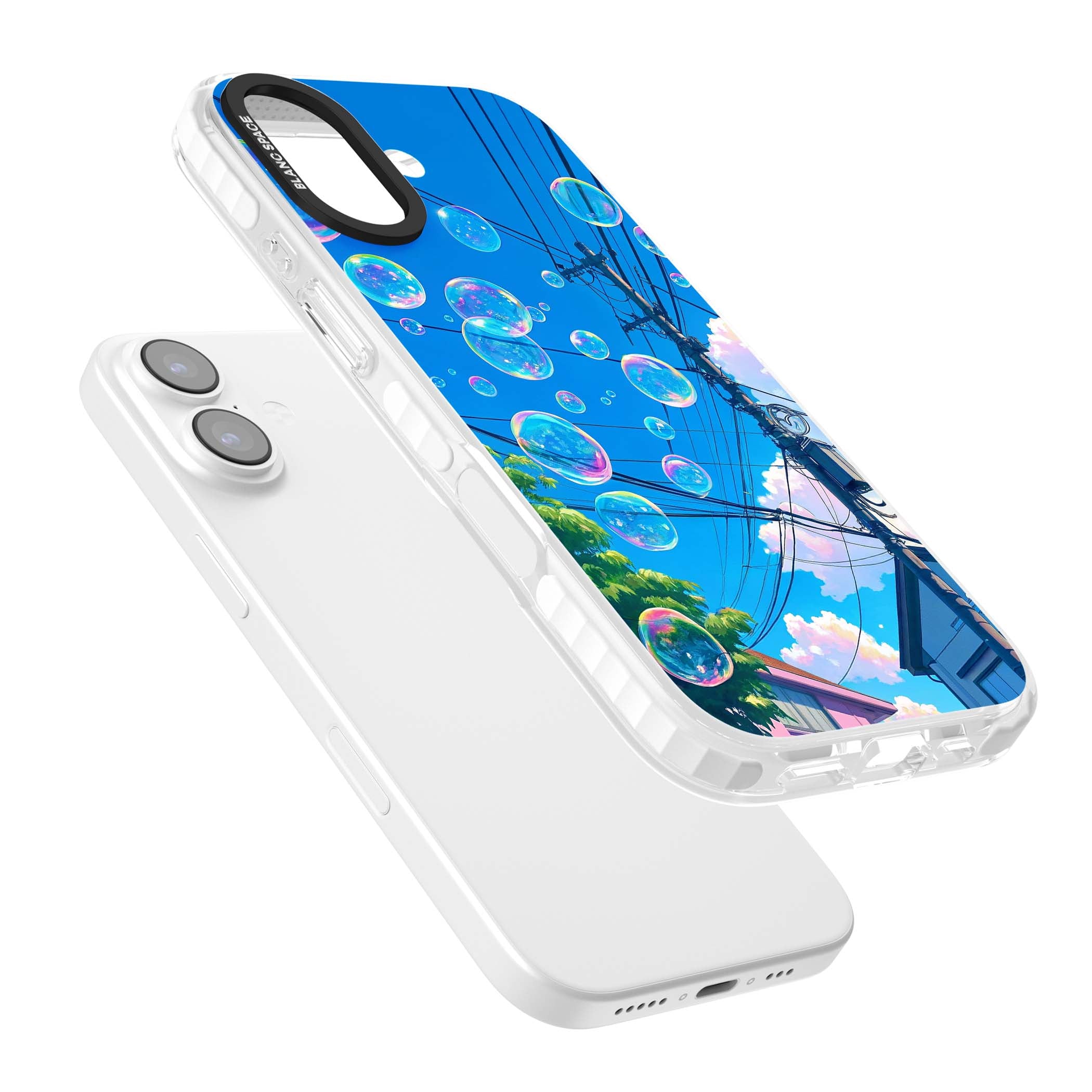 Suburban Bubbles anime iPhone case featuring iridescent soap bubbles, blue sky and Japanese telephone wires | Impact Magsafe case for iPhone 17