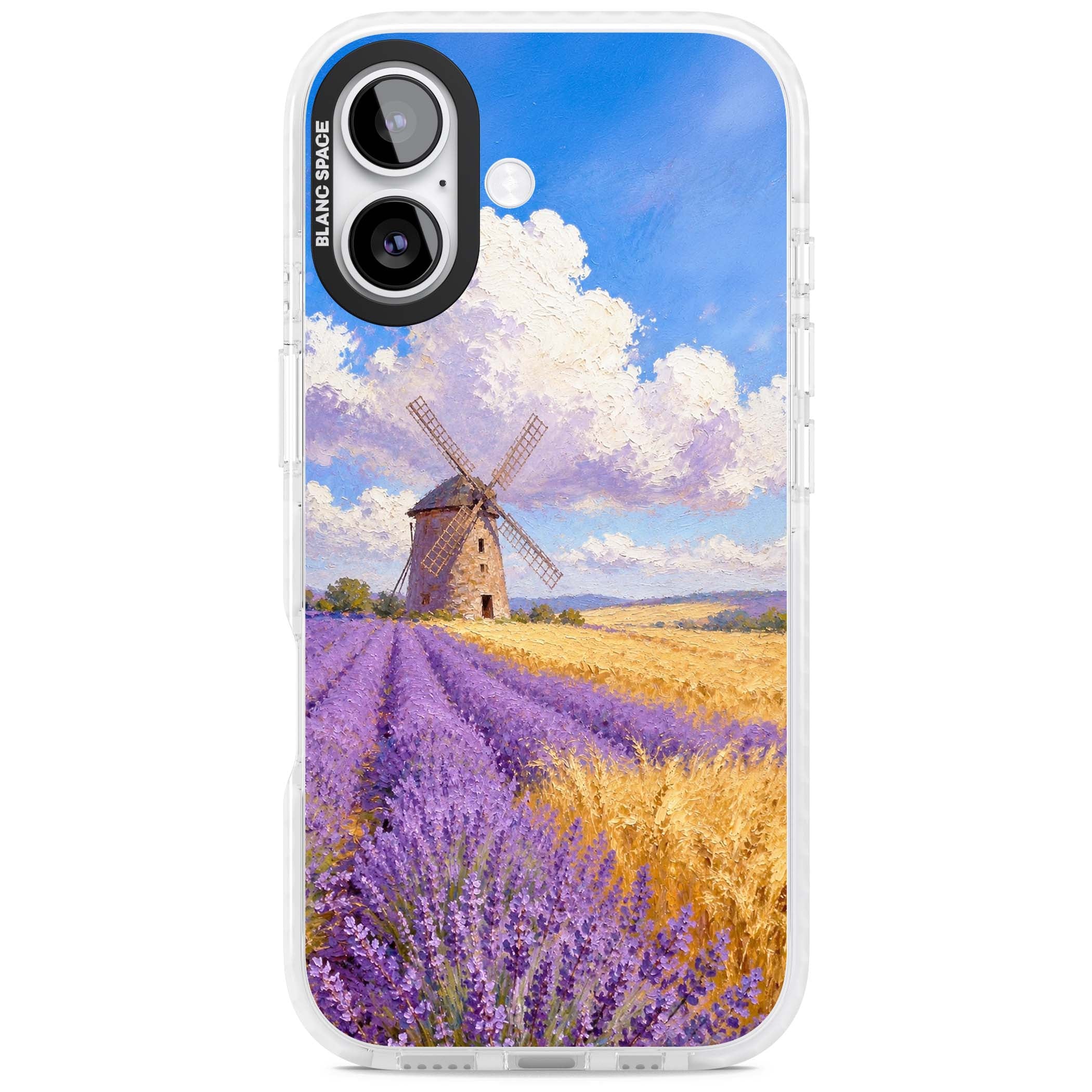 Lavender Mill cottagecore iPhone case featuring a French windmill, lavender field and golden wheat oil painting | Impact Magsafe case for iPhone 17