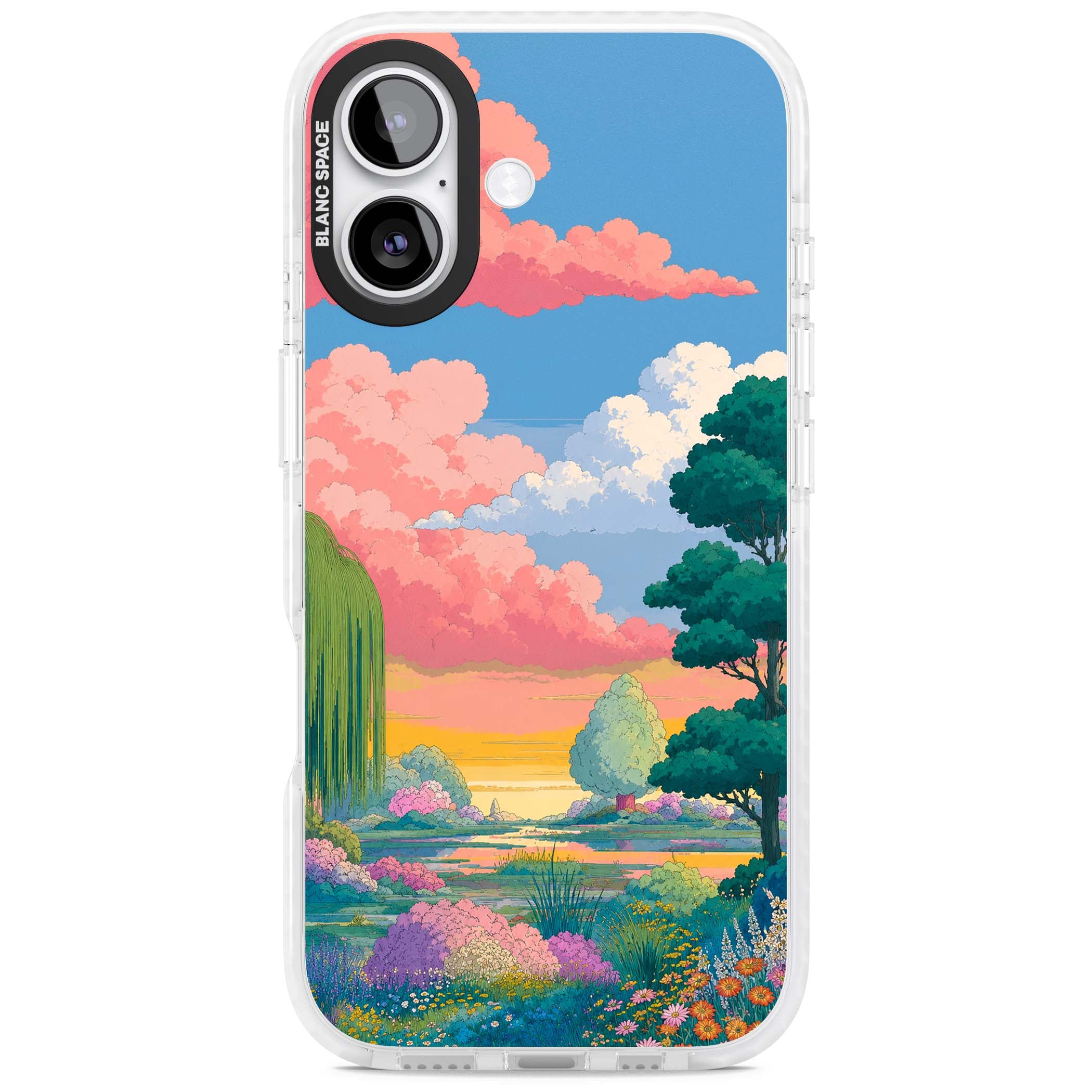 Dream Valley anime landscape iPhone case featuring pink sunset clouds, willow trees and wildflowers | Impact Magsafe case for iPhone 17