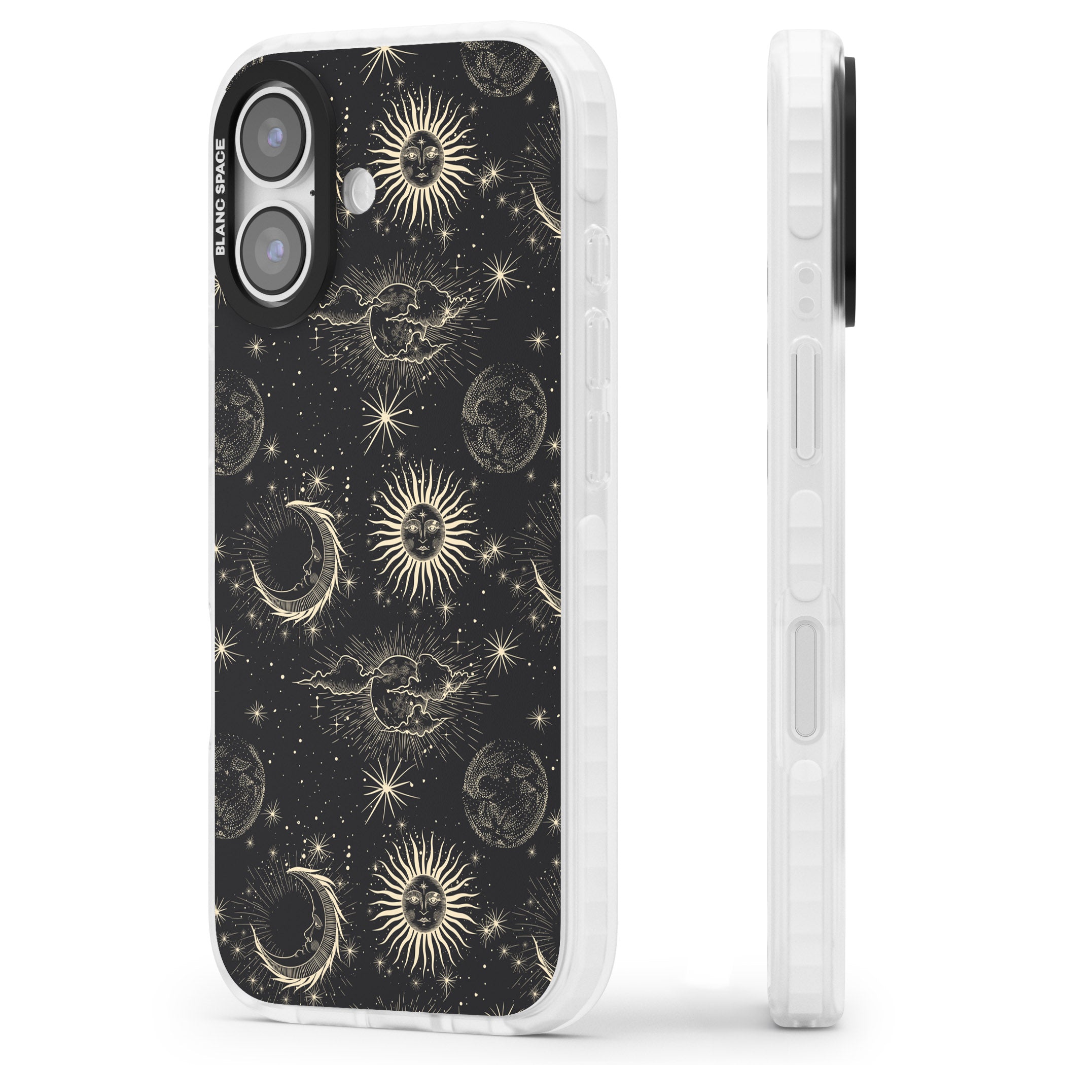 Suns & Moons Celestial Night iPhone 17 Impact Pro Clear Phone Case Side Profile