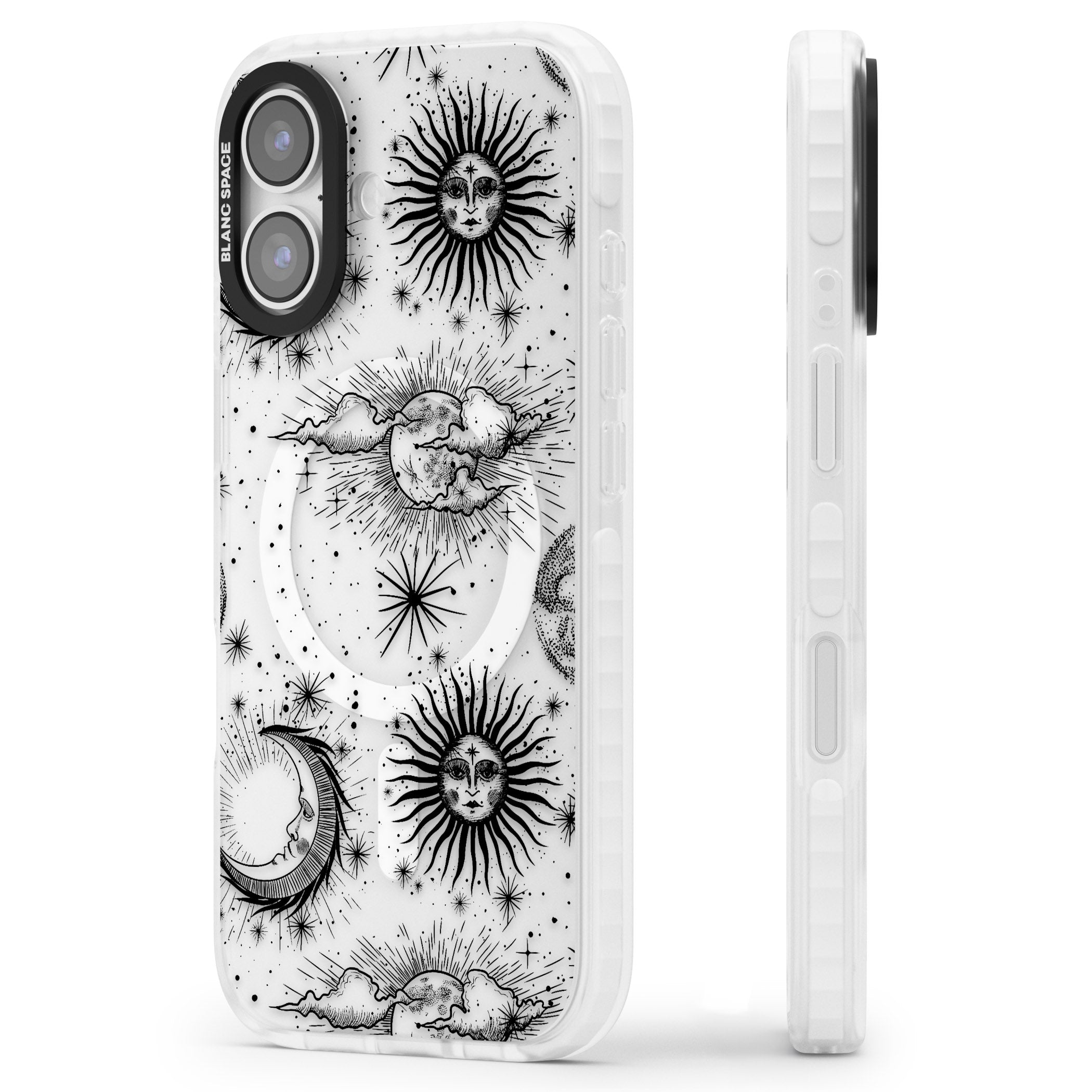 Suns, Moons & Clouds iPhone 17 Impact Pro Clear Phone Case Side Profile