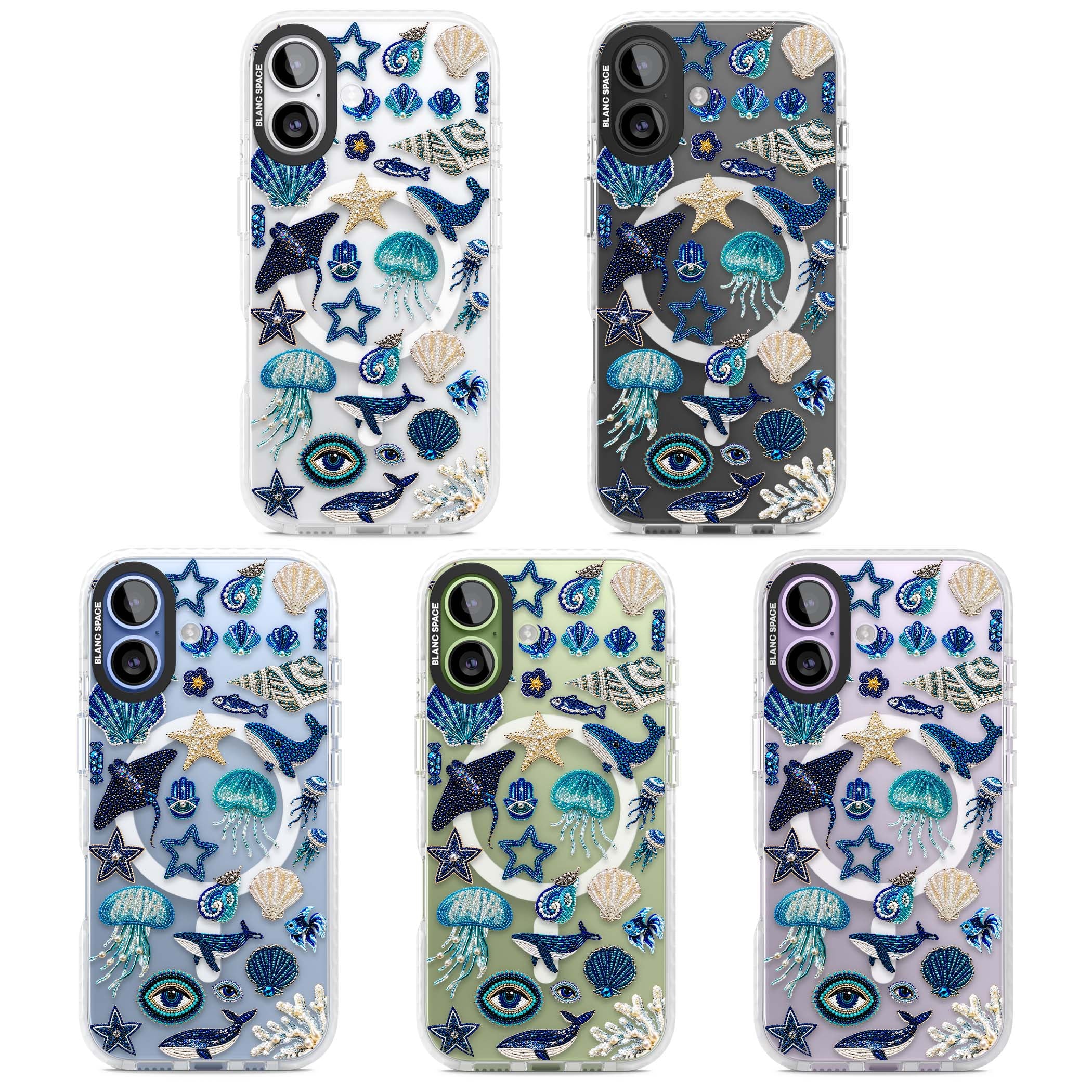 Beaded Coastal coastal iPhone case featuring embroidered seashells, jellyfish and a blue whale on clear | Impact Magsafe case for iPhone 17