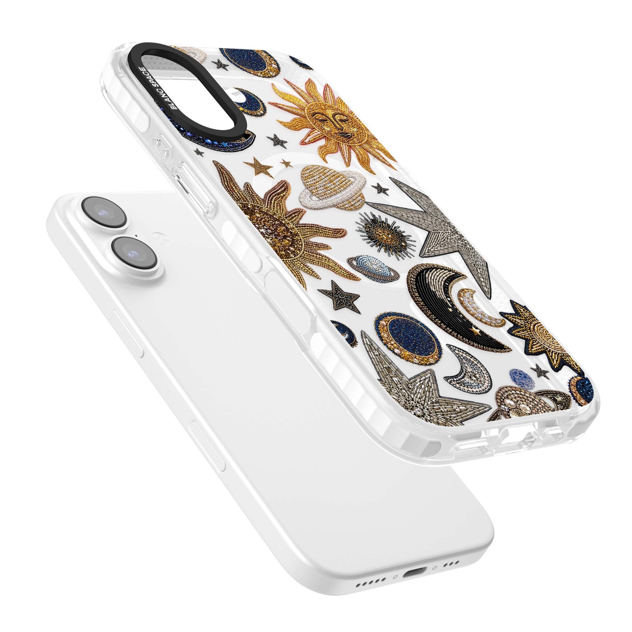 Beaded Cosmos celestial iPhone case featuring embroidered golden suns, beaded planets and silver shooting stars | Impact Magsafe case for iPhone 17
