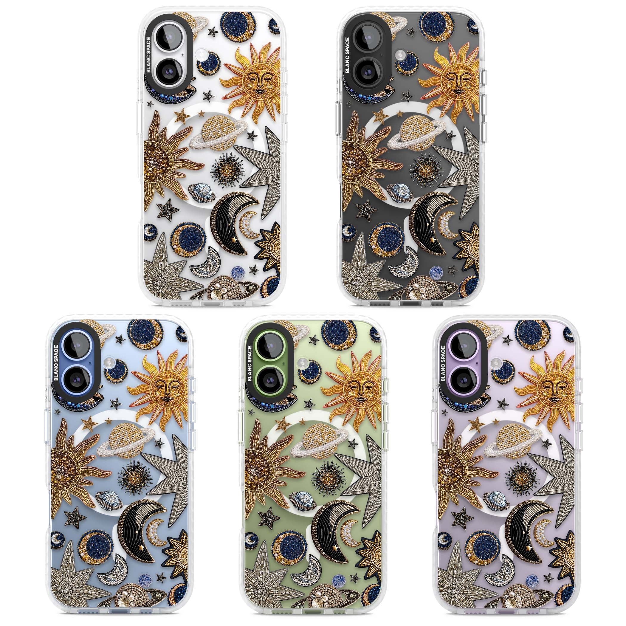 Beaded Cosmos celestial iPhone case featuring embroidered golden suns, beaded planets and silver shooting stars | Impact Magsafe case for iPhone 17