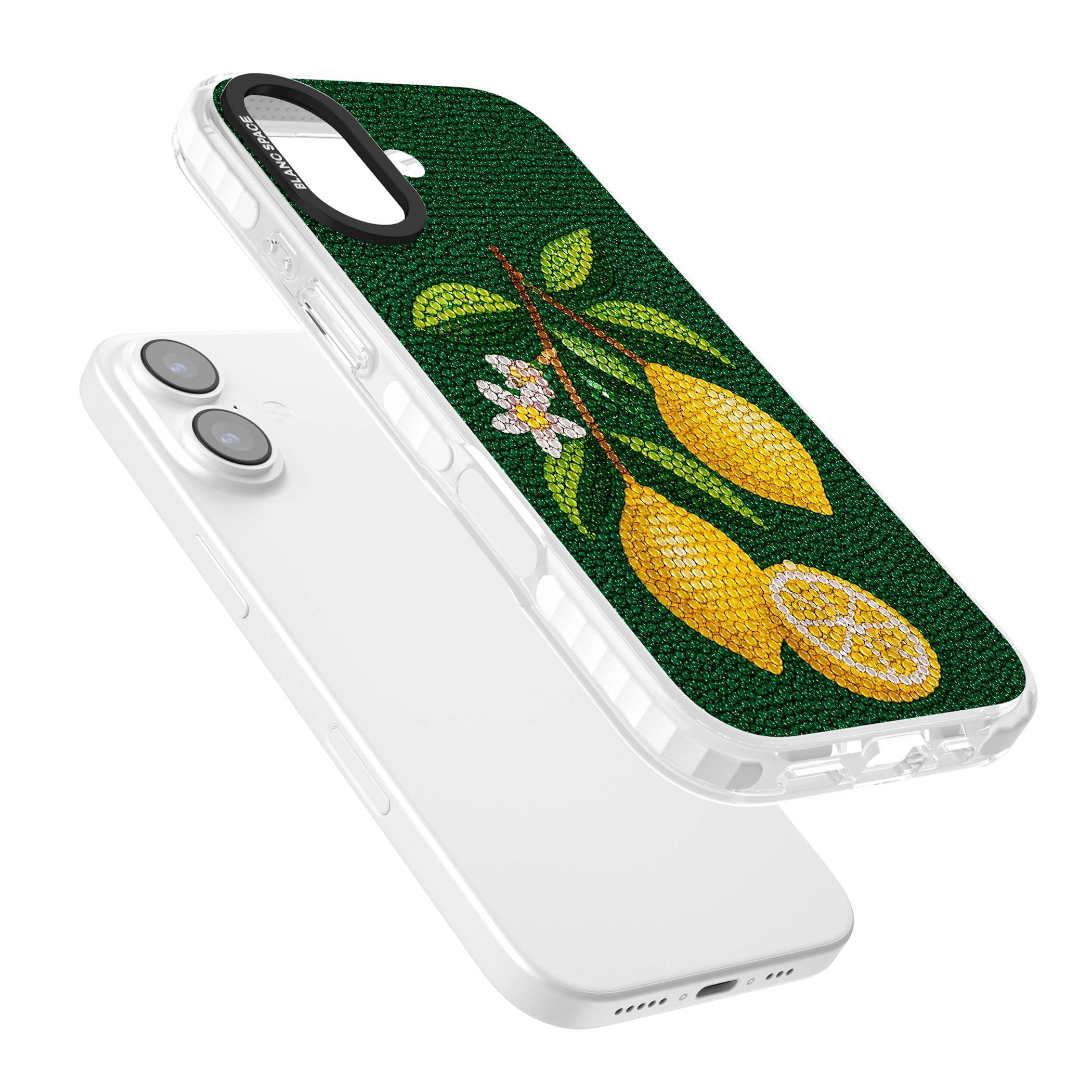 Beaded Lemons coastal iPhone case featuring crystal-beaded lemons, citrus blossom and green leaves on emerald ground | Impact Magsafe case for iPhone 17