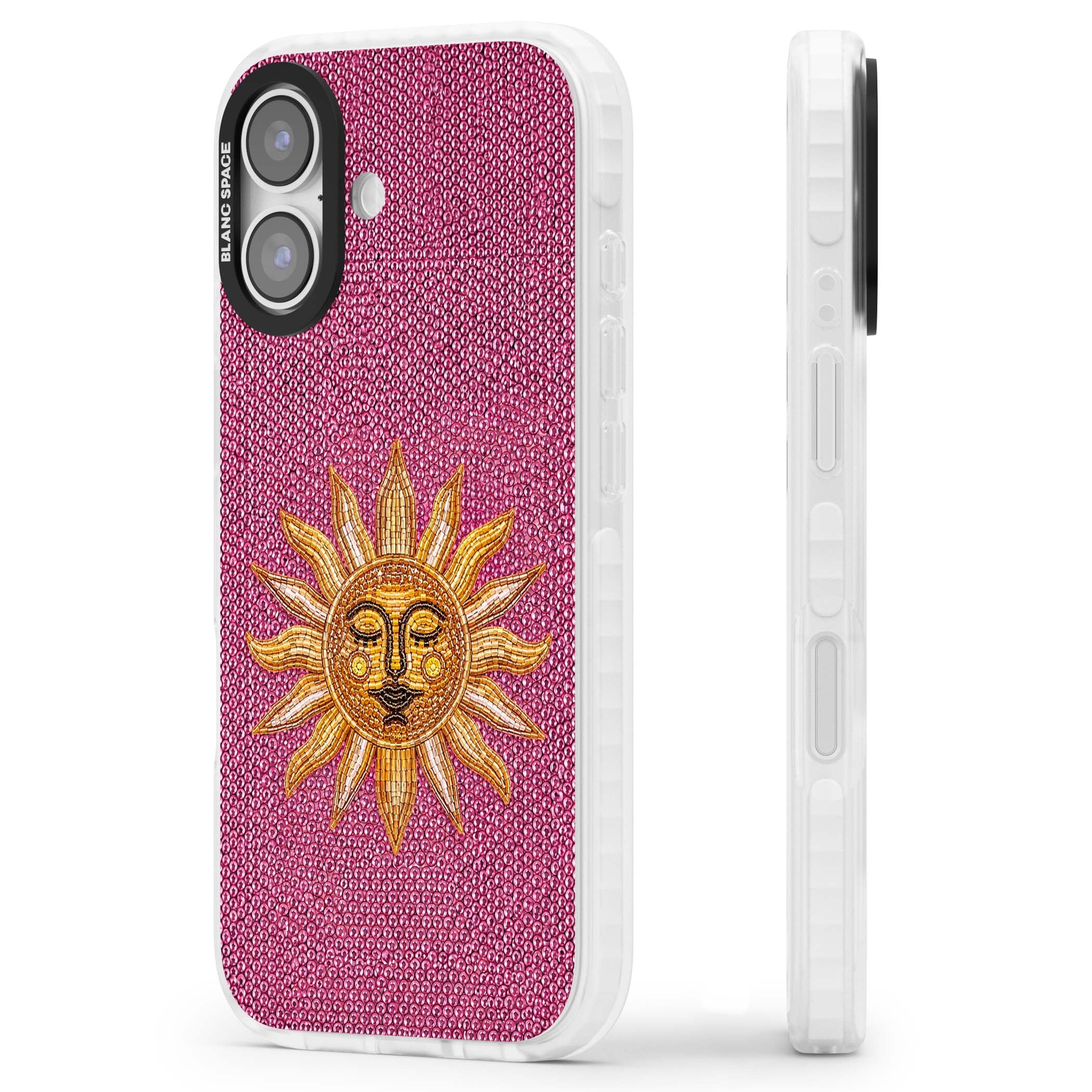 Beaded Sun celestial iPhone case featuring a golden beaded sun face with radiant rays on hot pink beaded background | Impact Magsafe case for iPhone 17