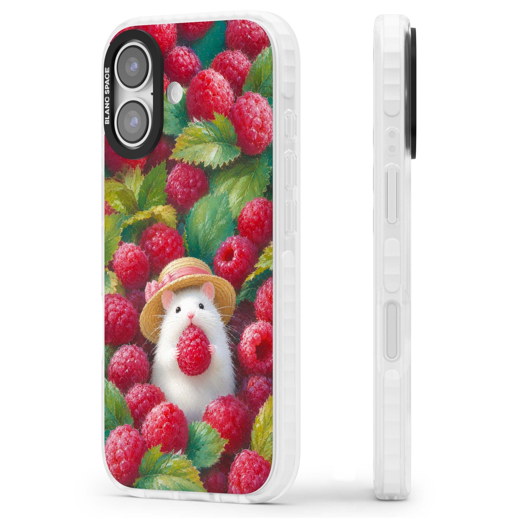 Berry Forager cottagecore iPhone case featuring a white hamster in a straw hat holding a raspberry surrounded by ripe ber | Impact Magsafe case for iPhone 17
