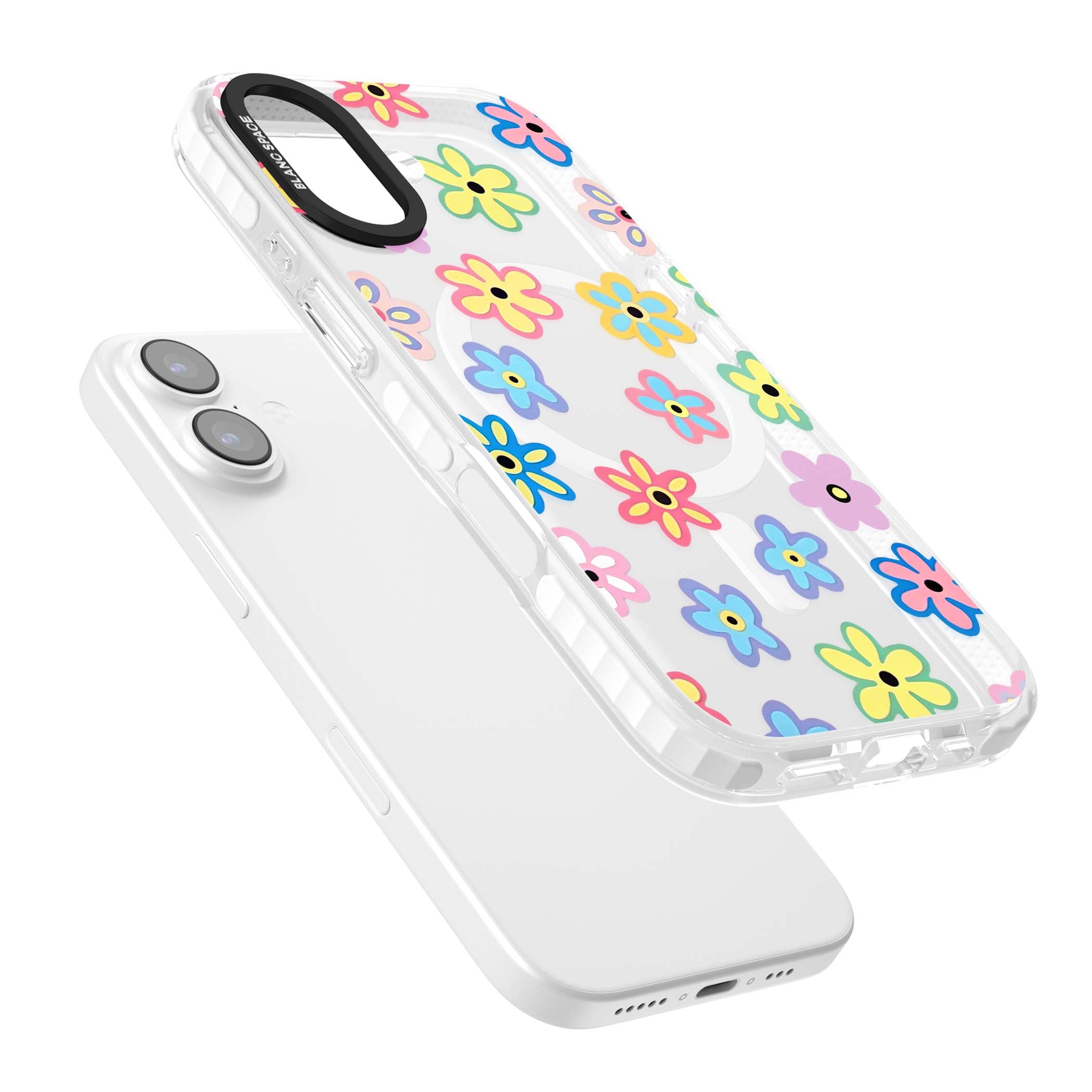 Bloom Pop cottagecore iPhone case featuring multicolor pastel flowers with black centers on clear background | Impact Magsafe case for iPhone 17
