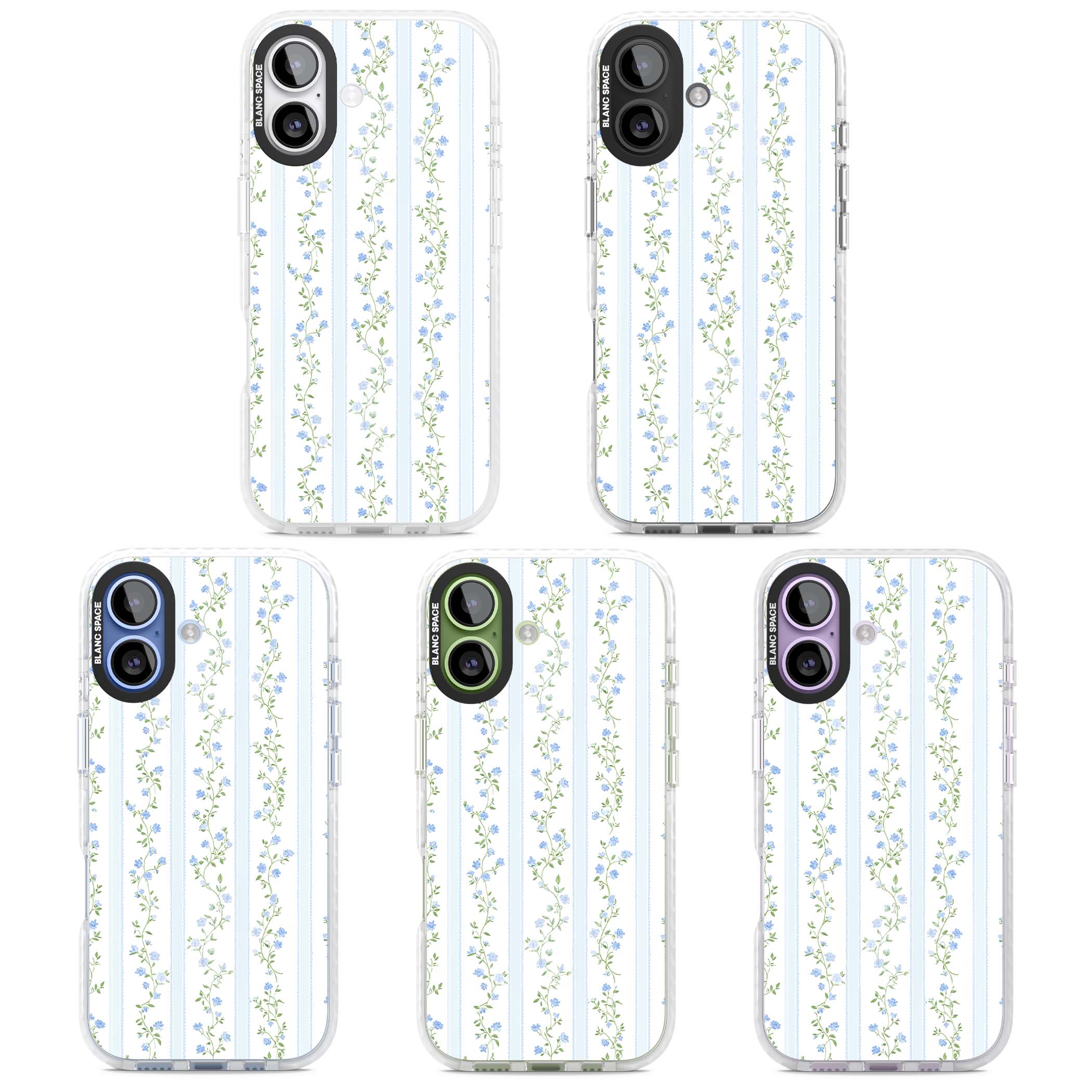 Bluebell Vine cottagecore iPhone case featuring climbing blue roses, trailing green vines, and pale ticking stripes | Impact Magsafe case for iPhone 17