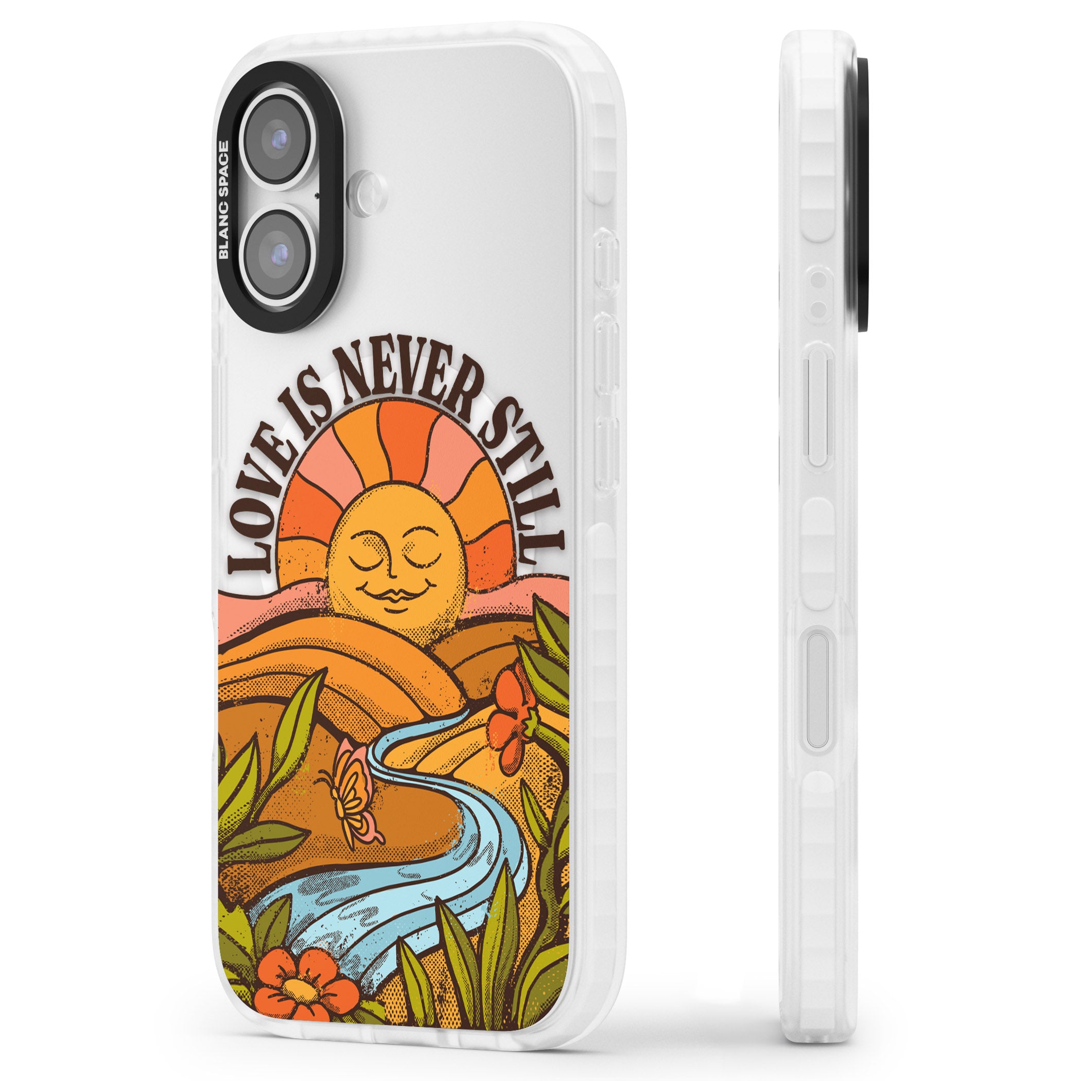 Love Is Never Still iPhone 17 Impact Pro Clear Phone Case Side Profile