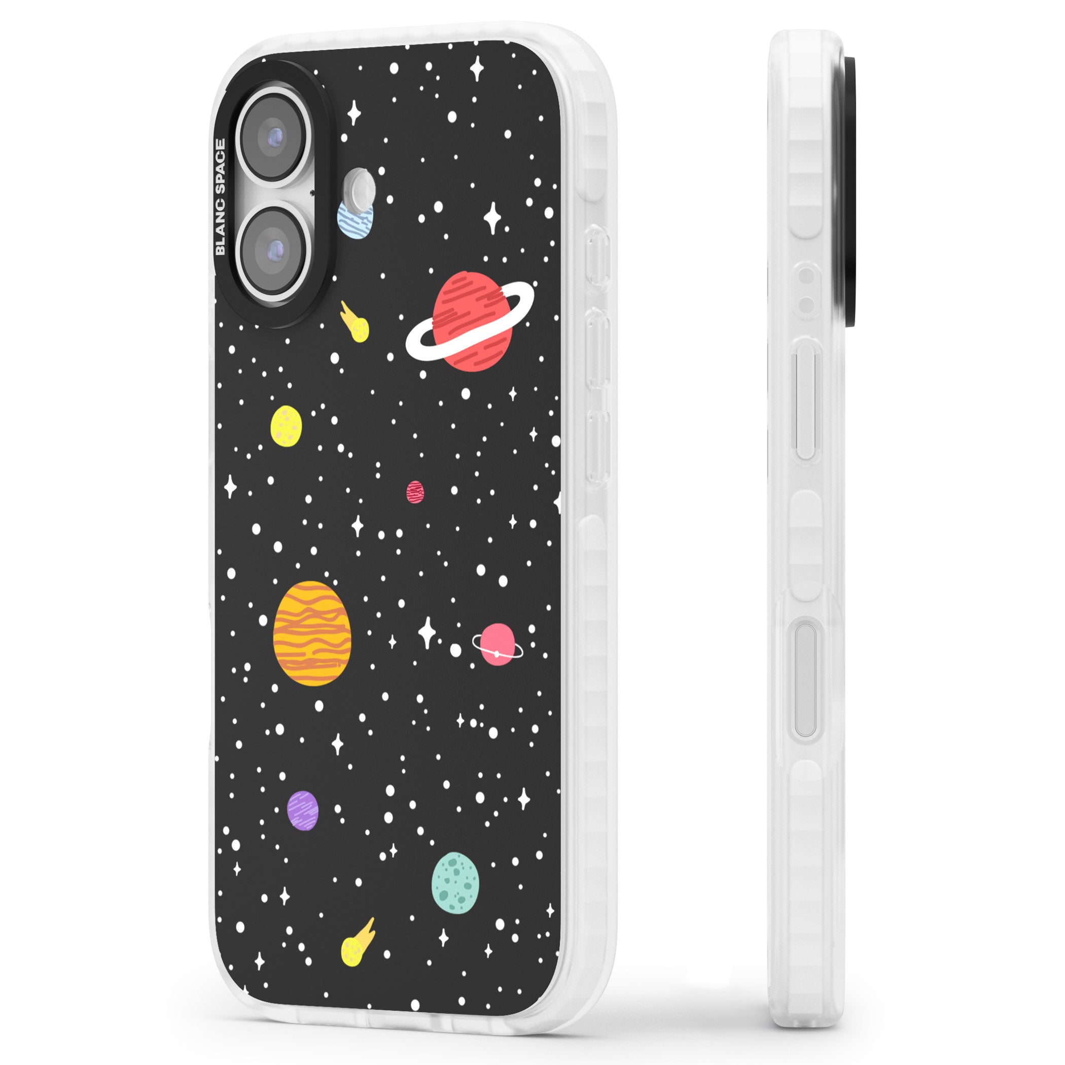 Cute Cartoon Planets iPhone 17 Impact Pro Clear Phone Case Side Profile