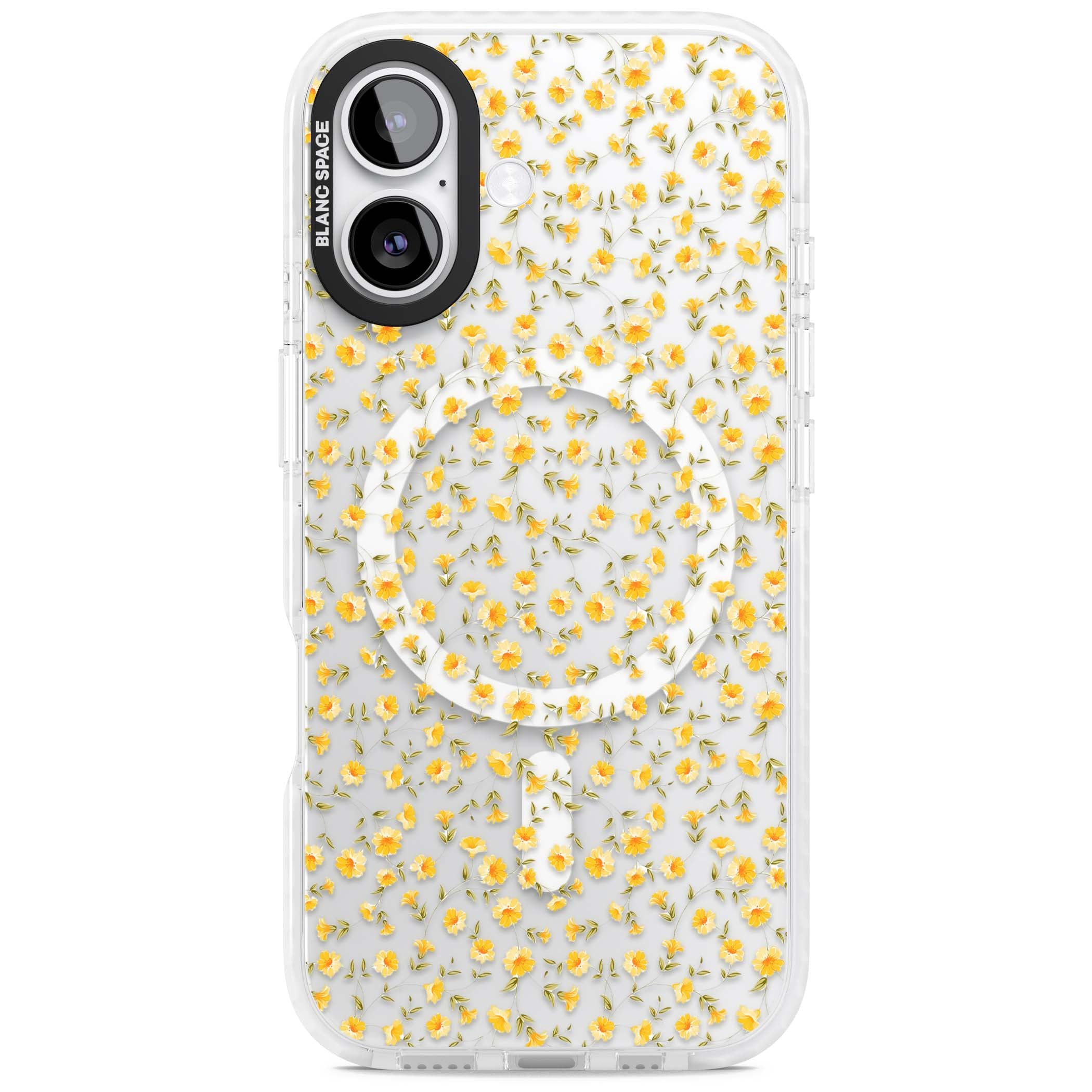 Buttercup wildflower iPhone case featuring tiny yellow flowers and trailing green vines on clear | Impact Magsafe case for iPhone 17