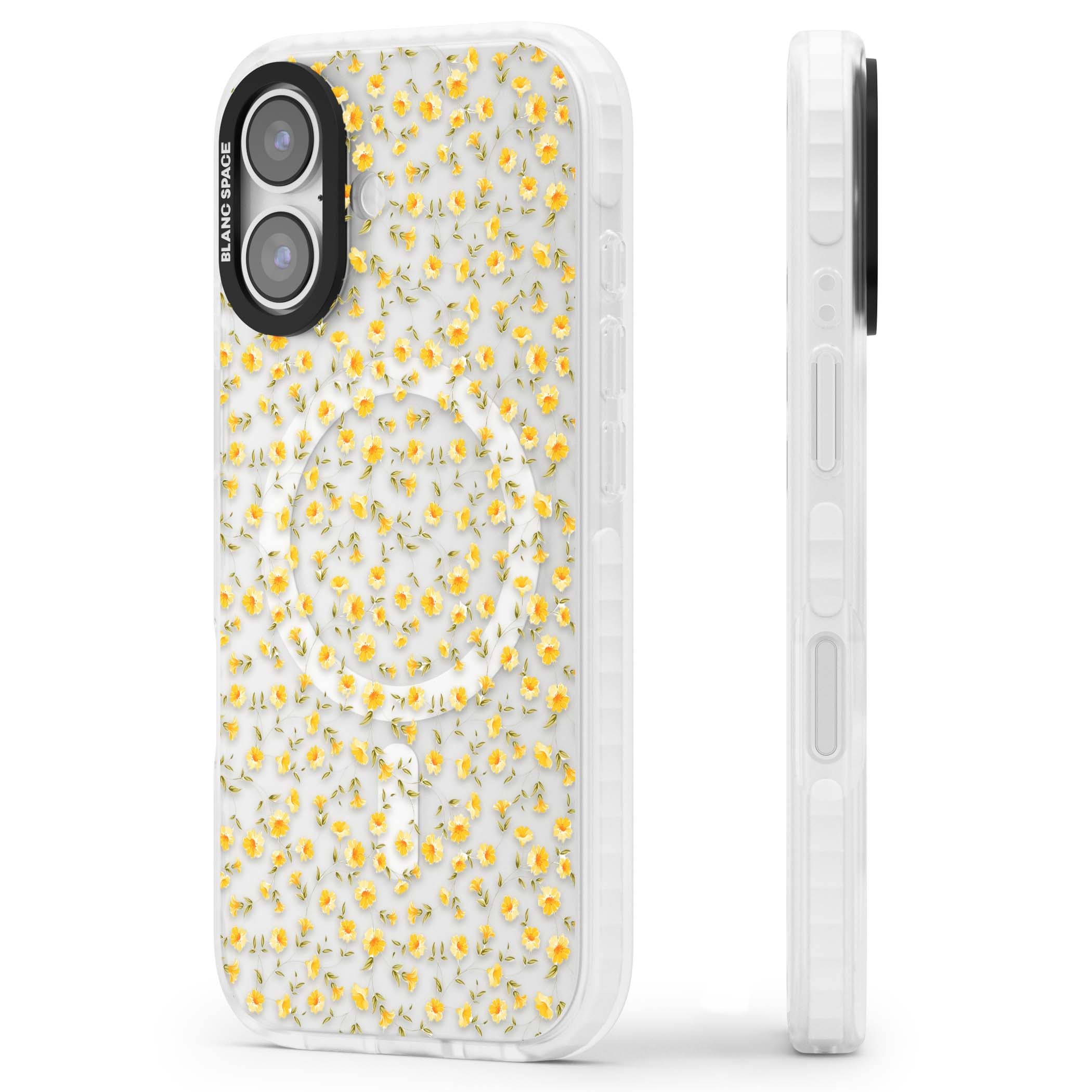 Buttercup wildflower iPhone case featuring tiny yellow flowers and trailing green vines on clear | Impact Magsafe case for iPhone 17