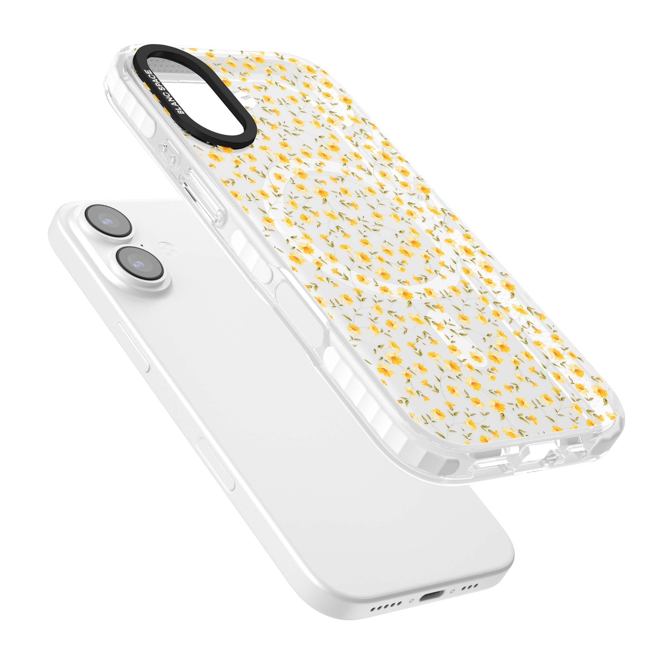 Buttercup wildflower iPhone case featuring tiny yellow flowers and trailing green vines on clear | Impact Magsafe case for iPhone 17