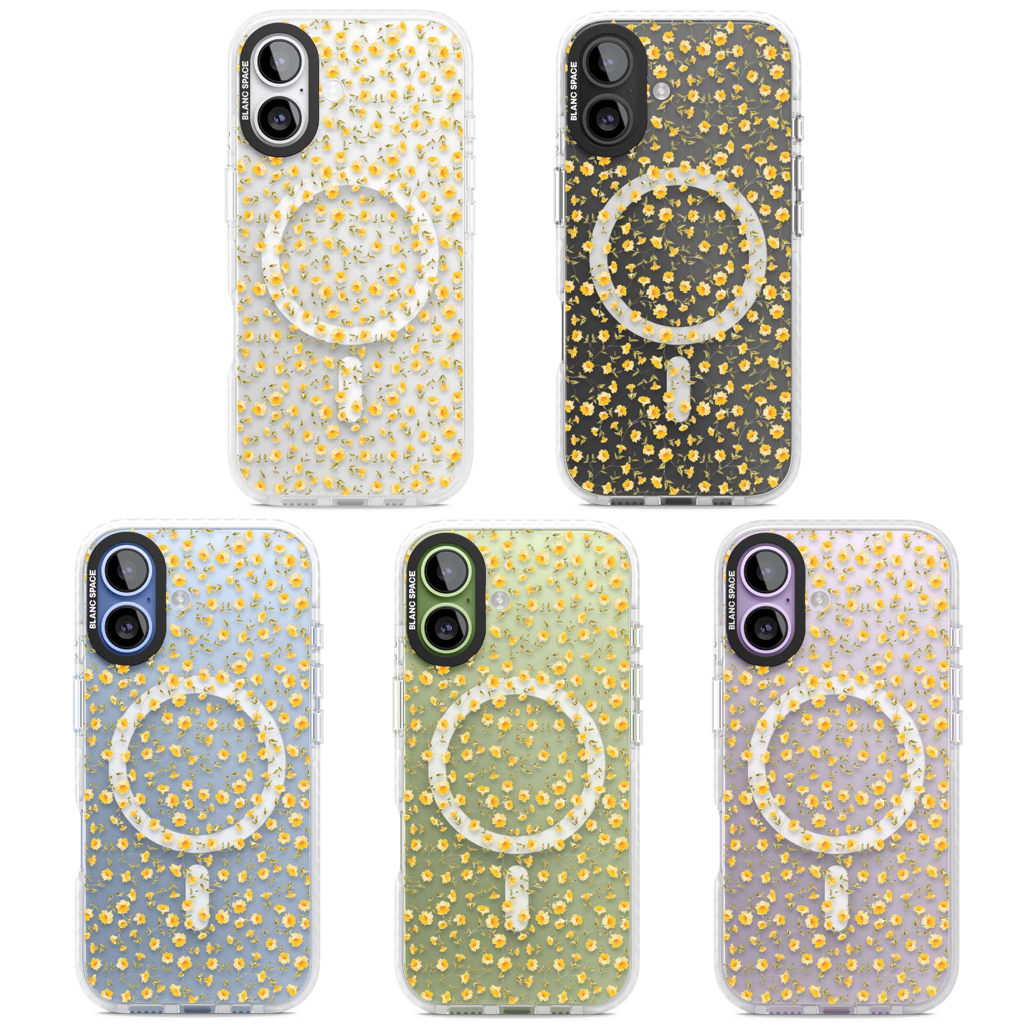 Buttercup wildflower iPhone case featuring tiny yellow flowers and trailing green vines on clear | Impact Magsafe case for iPhone 17