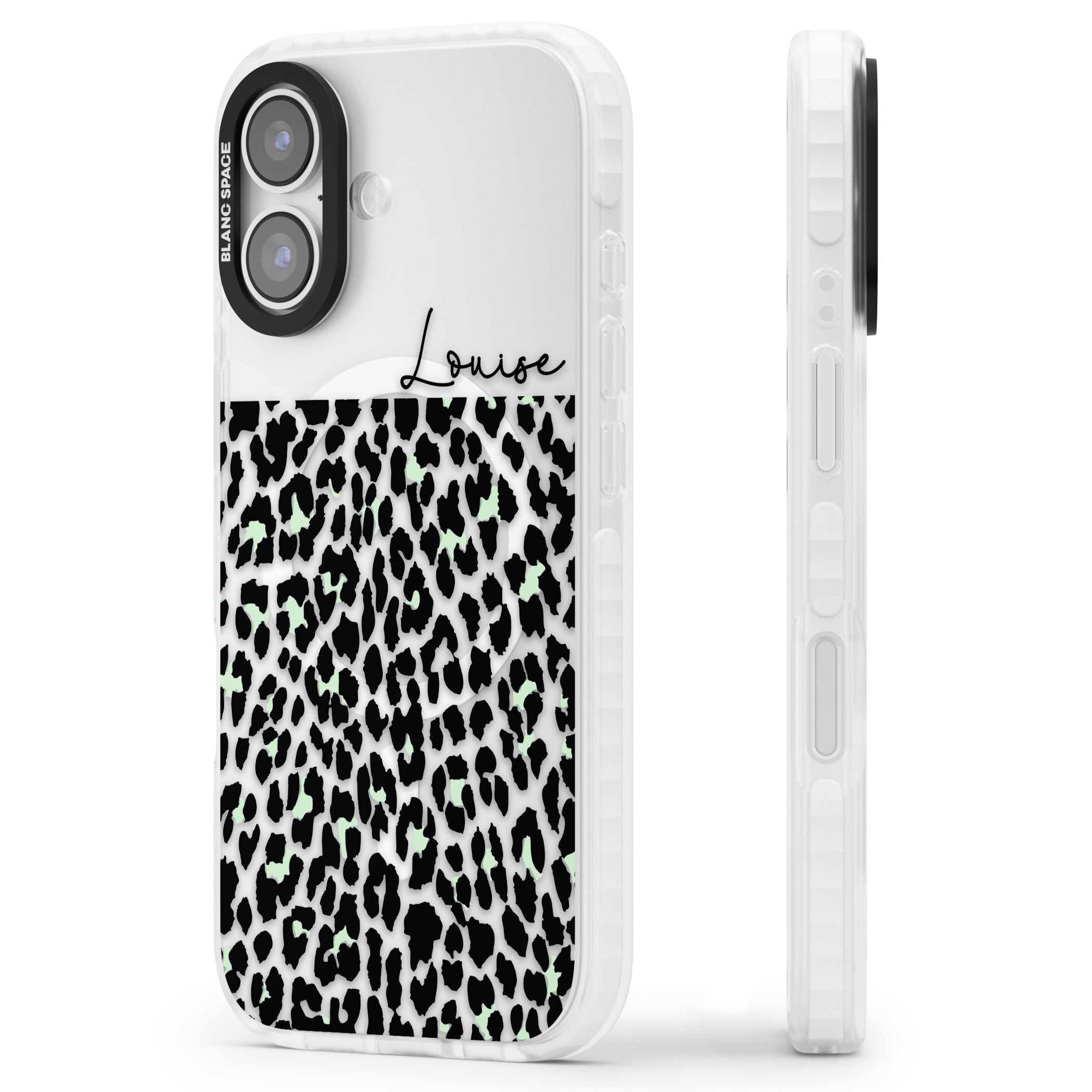 Personalised Seafoam Leopard iPhone 17 Impact Pro Clear Phone Case Side Profile
