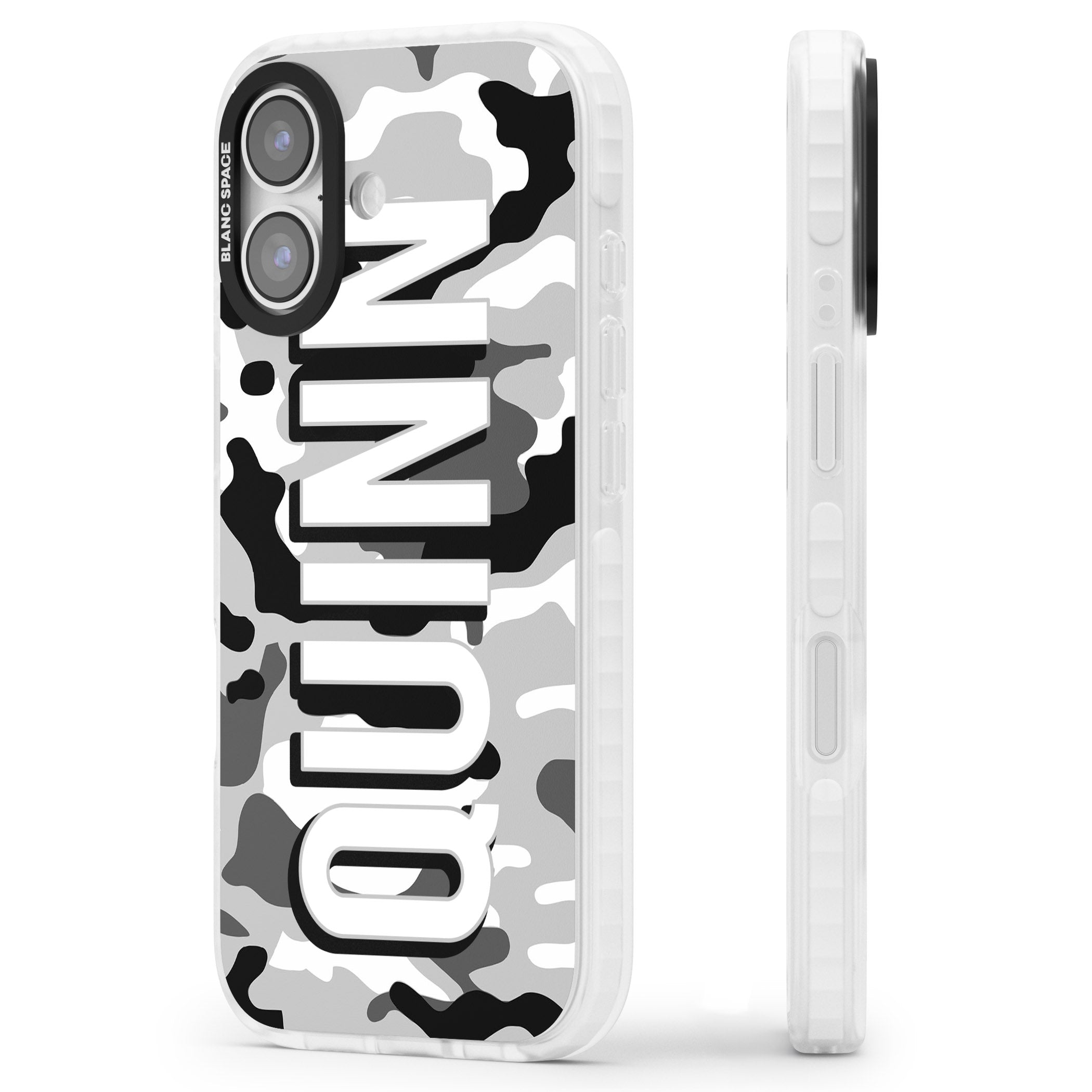 Personalised Greyscale Camo iPhone 17 Impact Pro Clear Phone Case Side Profile