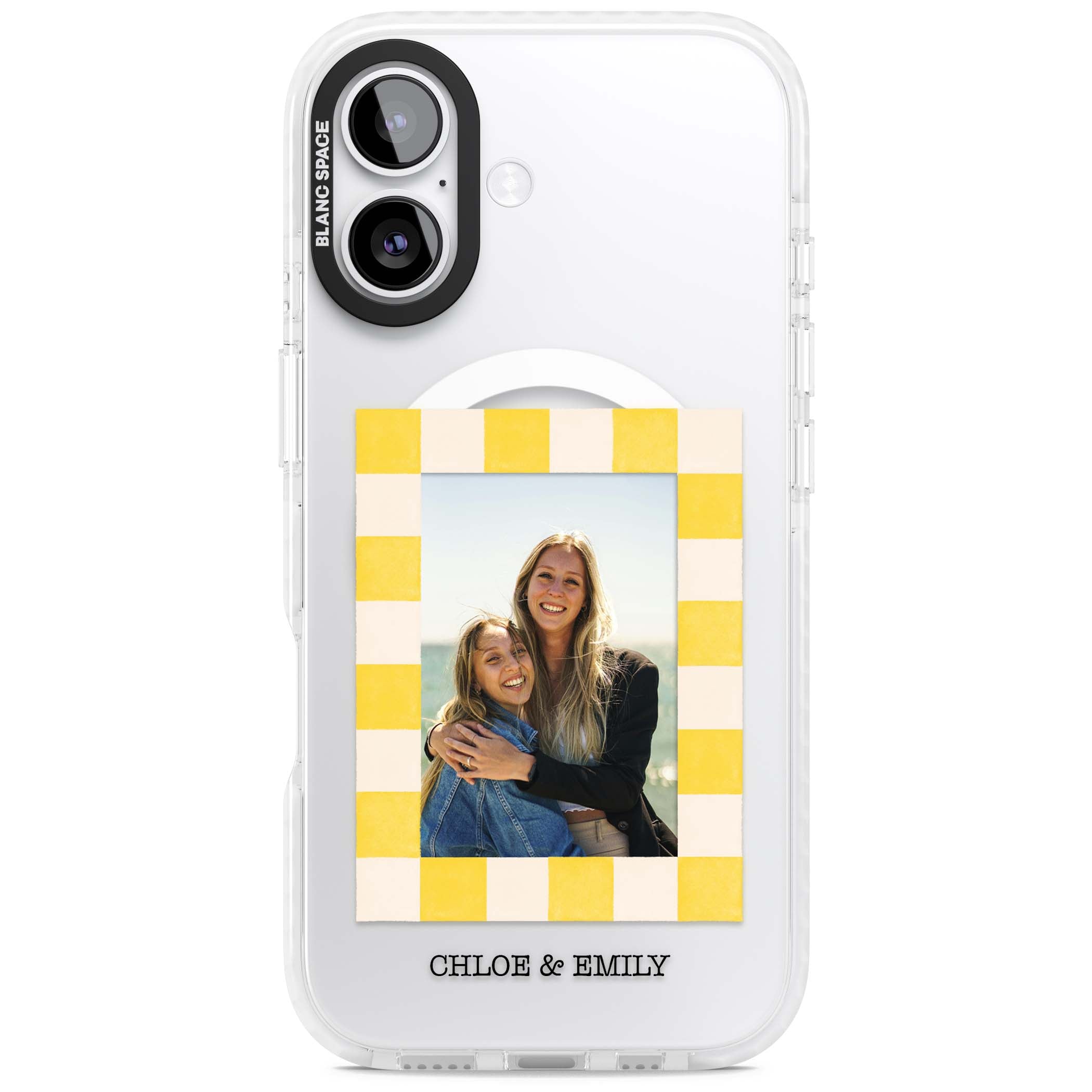Yellow Check Photo personalised iPhone case with yellow checkered Polaroid frame and custom names beneath | Impact Magsafe case for iPhone 17