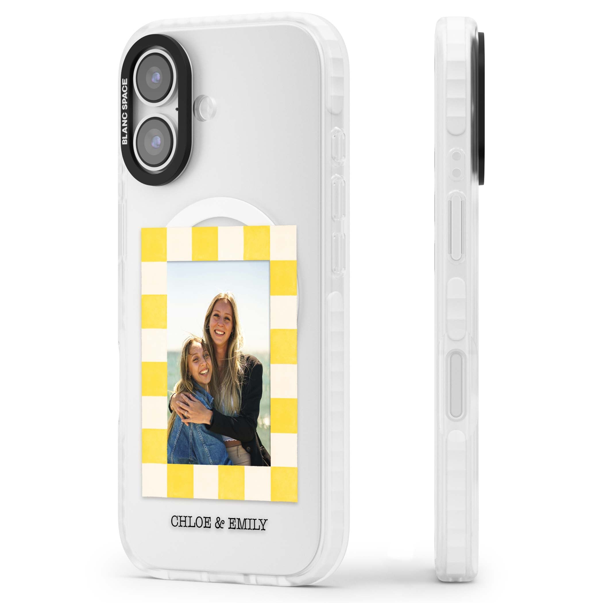 Yellow Check Photo personalised iPhone case with yellow checkered Polaroid frame and custom names beneath | Impact Magsafe case for iPhone 17