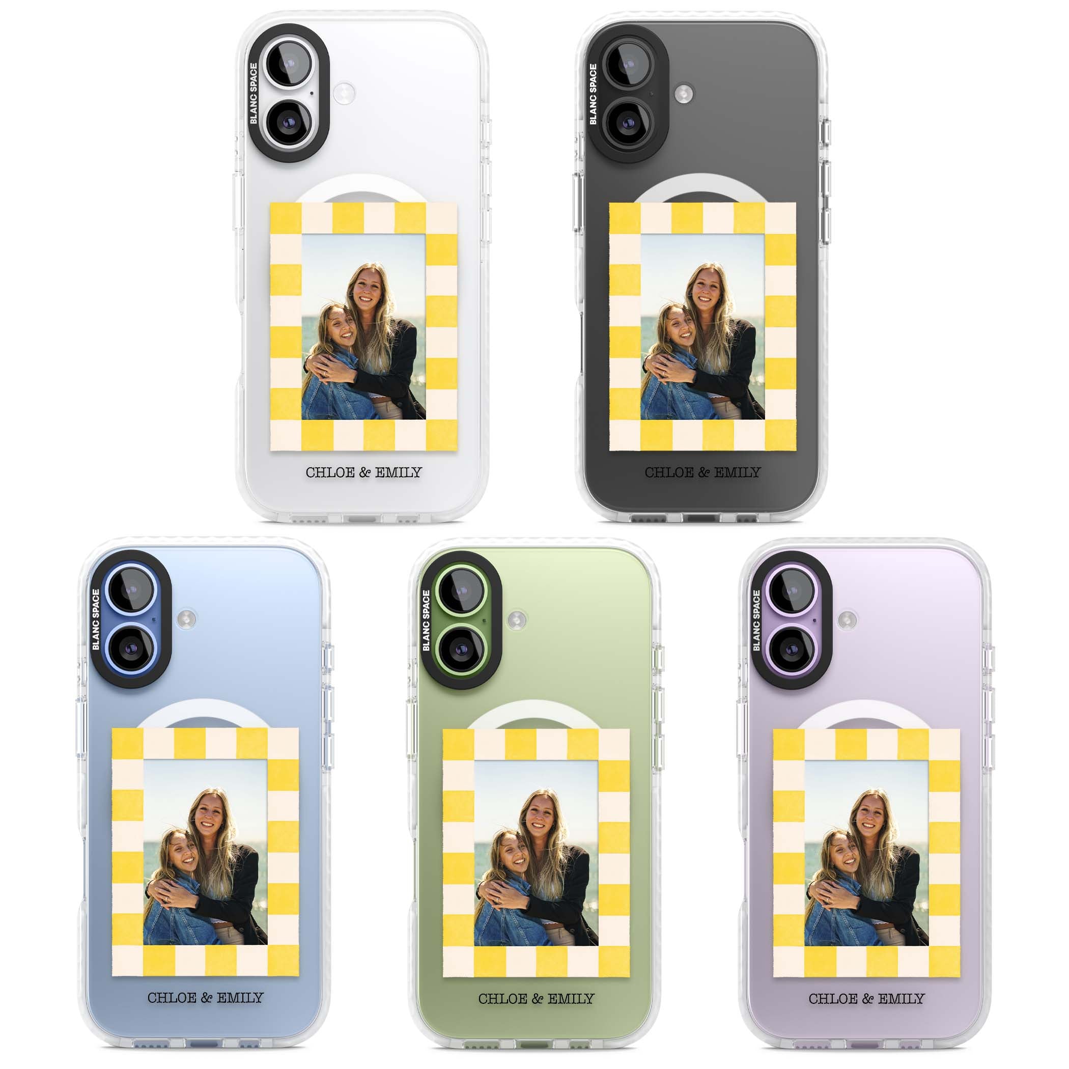 Yellow Check Photo personalised iPhone case with yellow checkered Polaroid frame and custom names beneath | Impact Magsafe case for iPhone 17