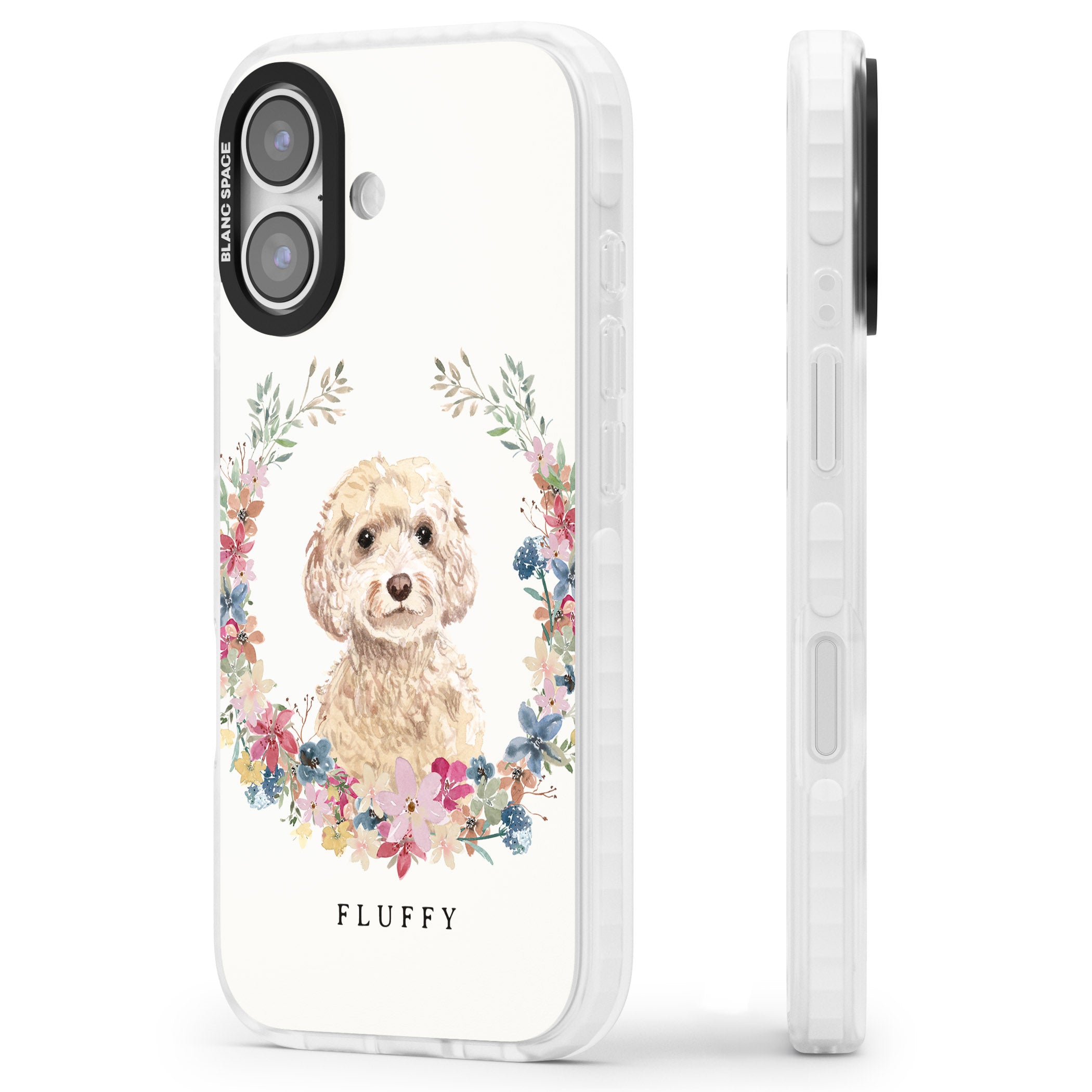 Personalised Champagne Cockapoo Floral Portrait iPhone 17 Impact Pro Clear Phone Case Side Profile