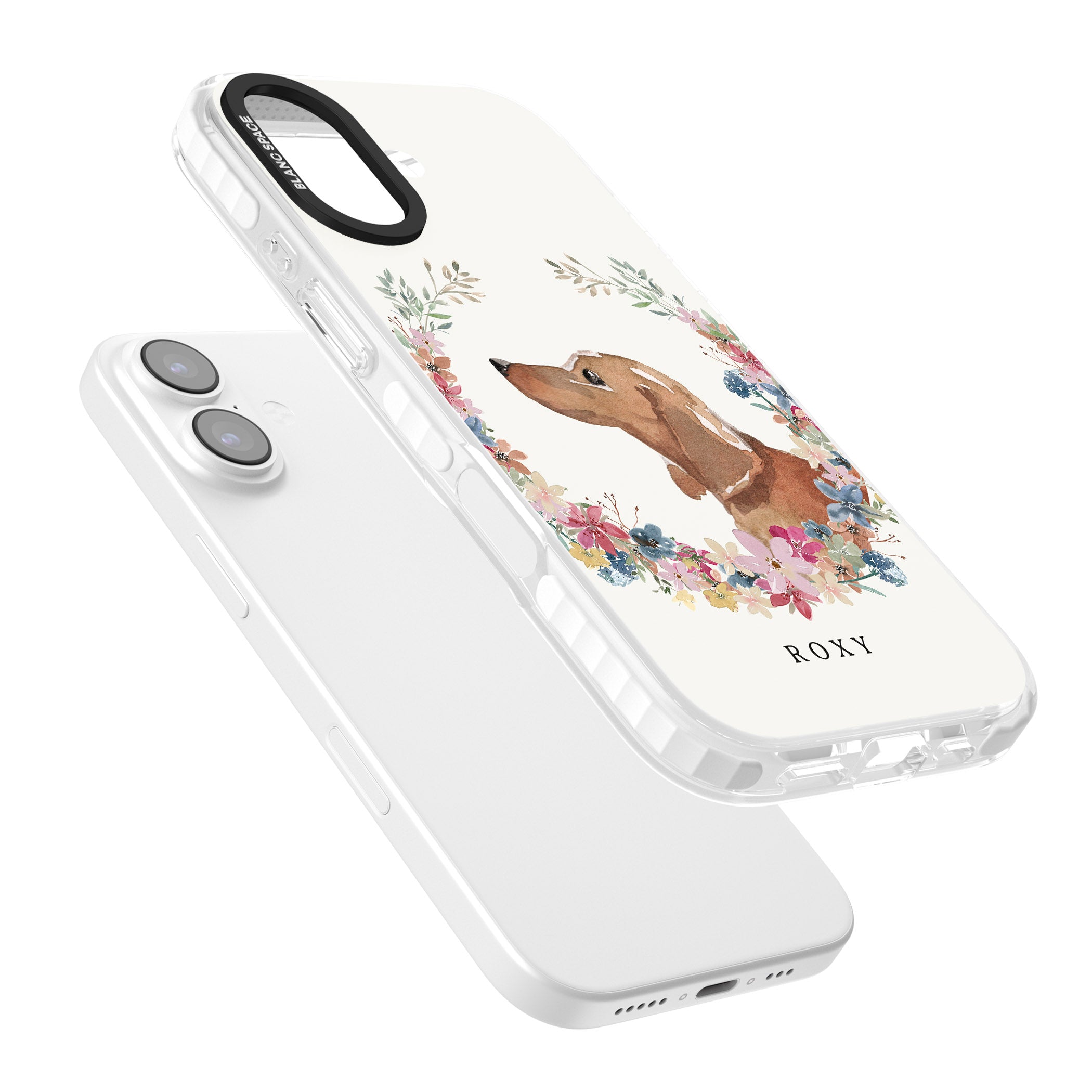 Personalised Tan Dachshund Floral Portrait iPhone 17 Impact Pro Clear Phone Case Colours