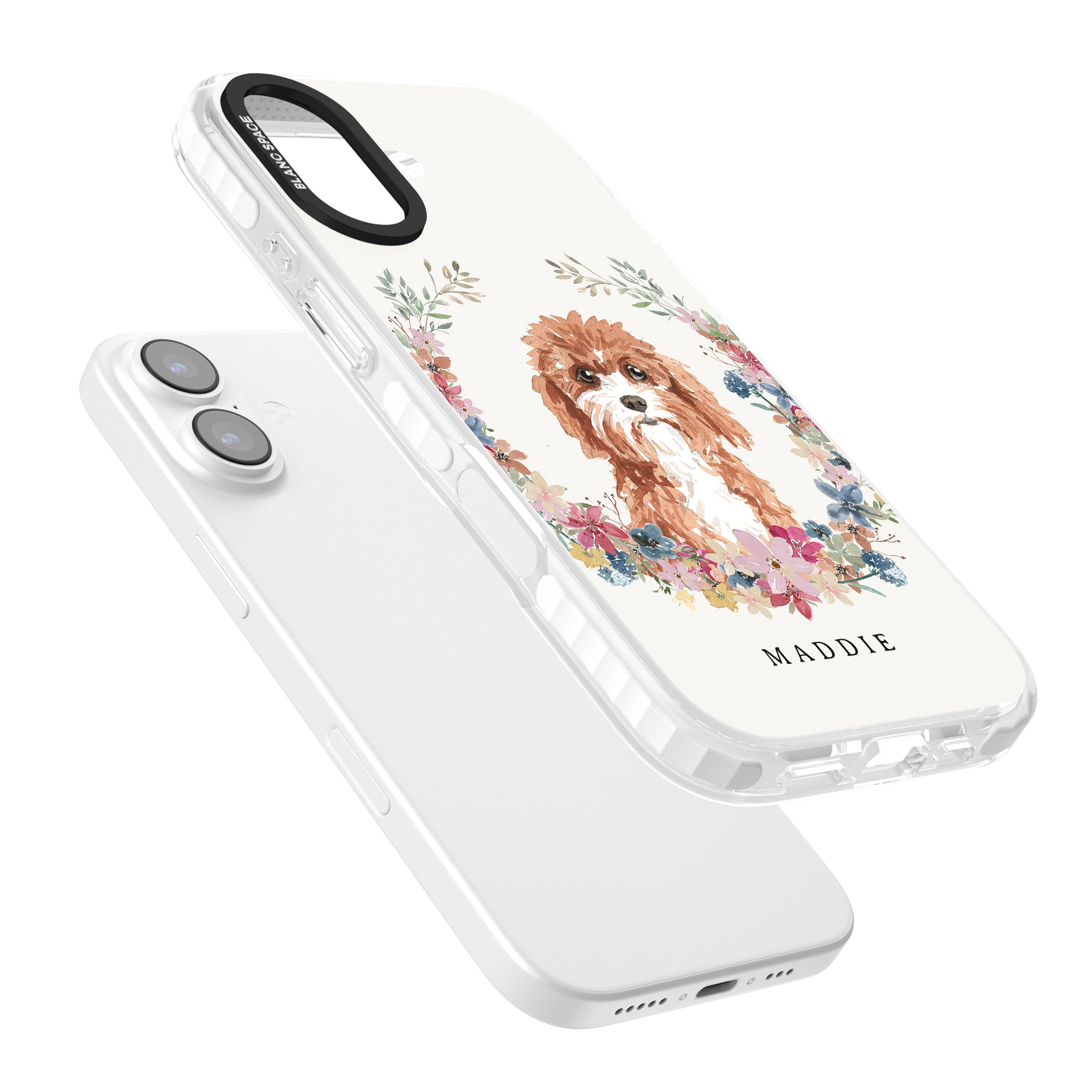 Personalised Cavapoo Floral Portrait iPhone 17 Impact Pro Clear Phone Case Colours