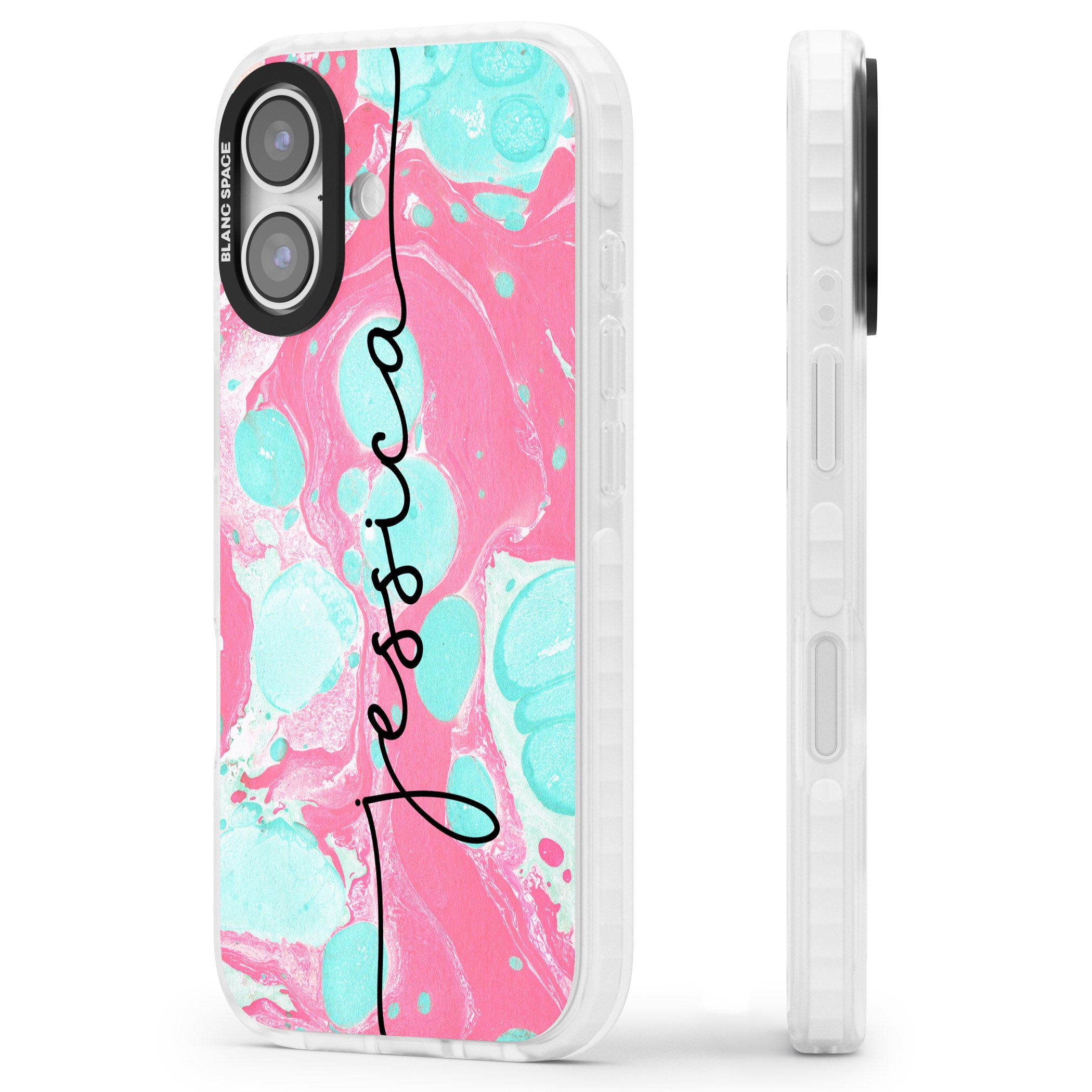 Personalised Turquoise & Pink Marbled iPhone 17 Impact Pro Clear Phone Case Side Profile