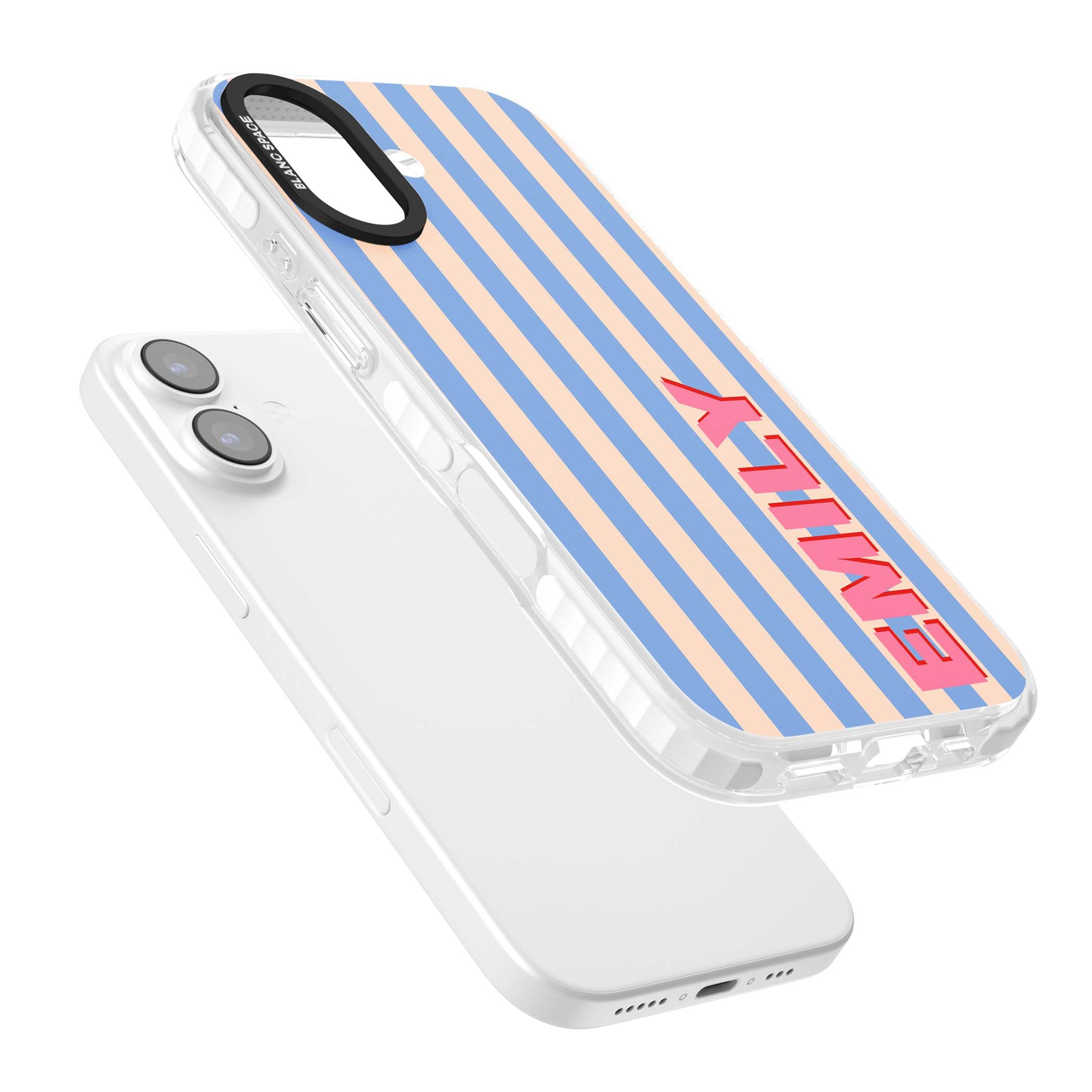 Coastal Stripe personalised coastal iPhone case with blue and peach vertical stripes and custom pink name | Impact Magsafe case for iPhone 17